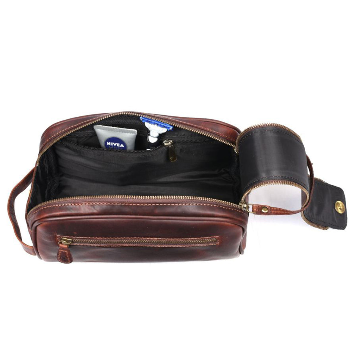 Aaron Leather Goods Omaha Vintage Leather Dopp Kit Travel Toiletry Bag, Chestnut
