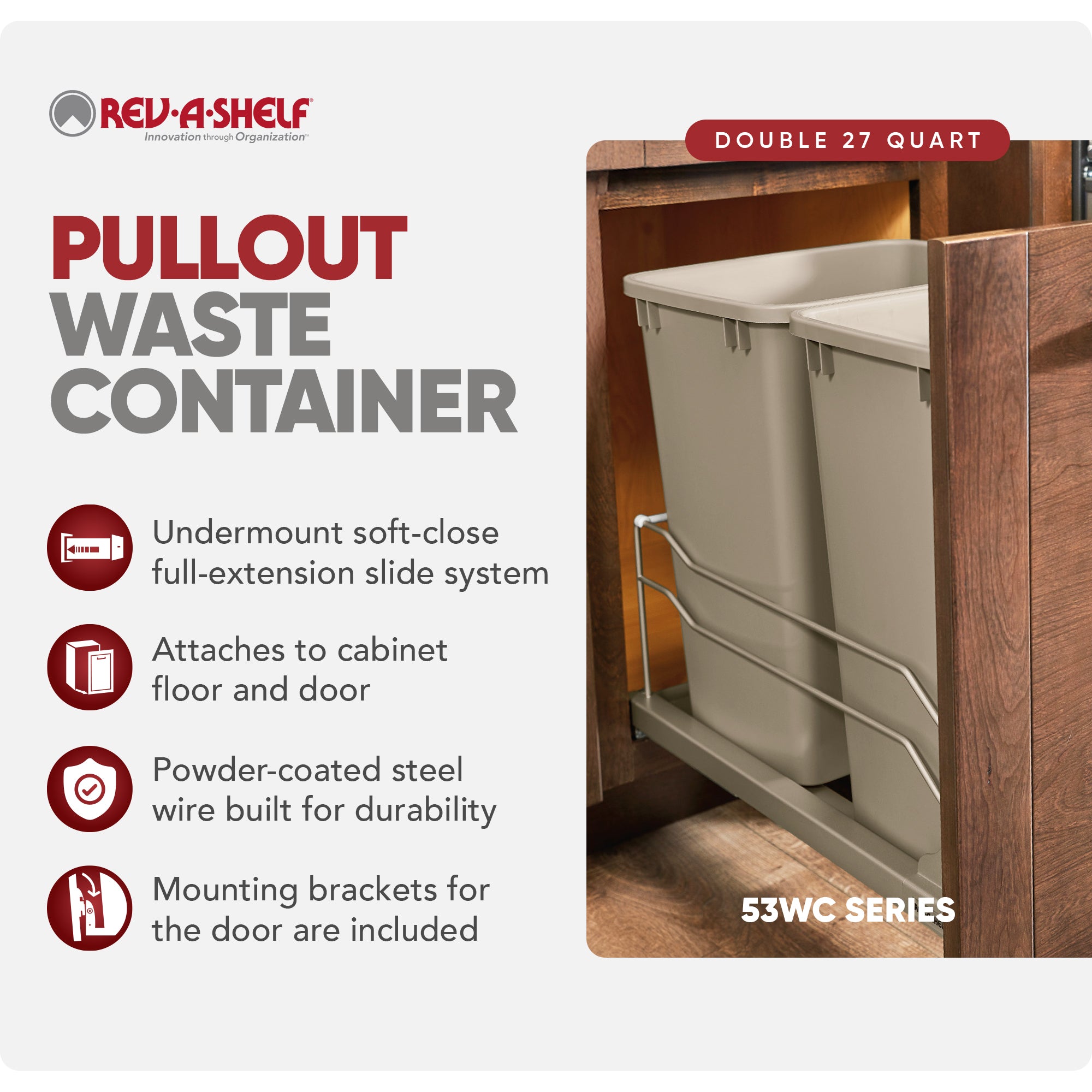Rev-A-Shelf Double Pullout Trash Can 27 qt. w/ Soft-close, 53WC-1527SCDM-212 - VMInnovations