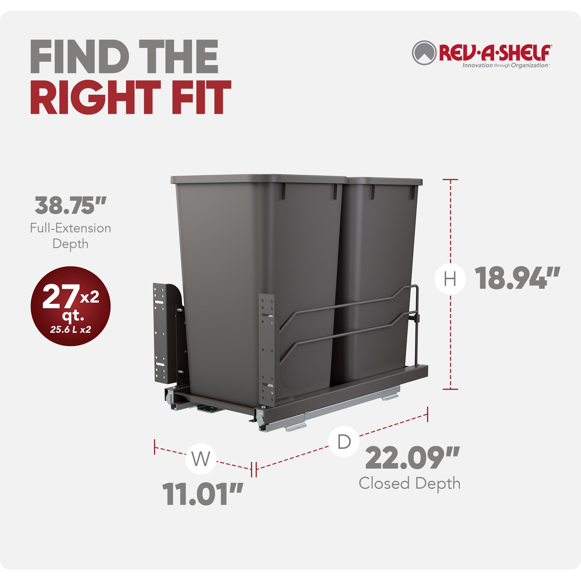 Rev-A-Shelf Double Pullout Trash Can 27 qt. with Soft-close, 53WC-1527SCDM-213