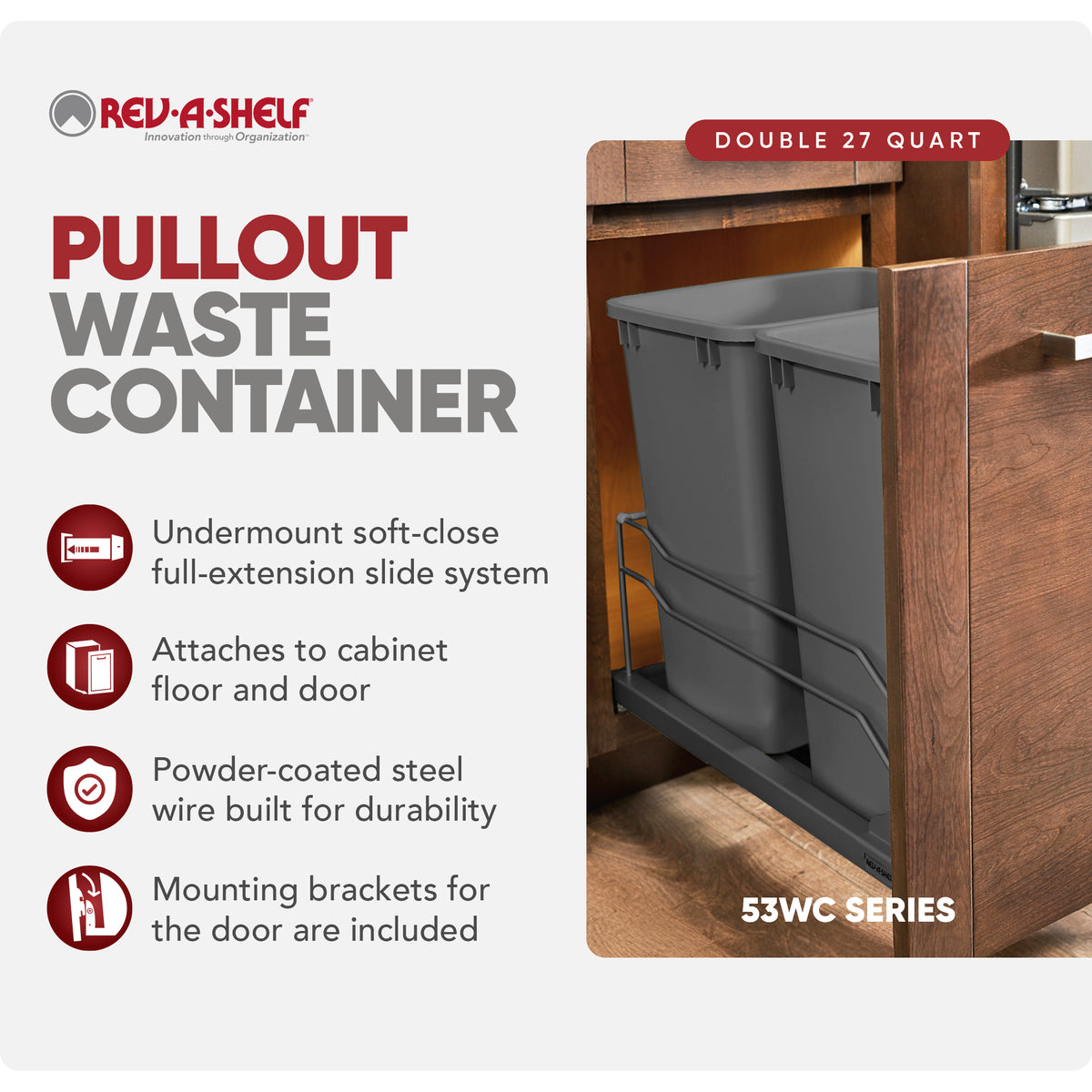 Rev-A-Shelf Double Pullout Trash Can 27 qt. with Soft-close, 53WC-1527SCDM-213