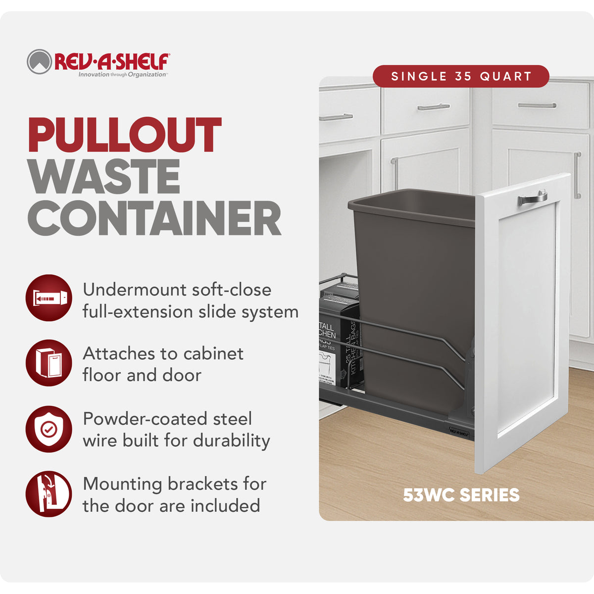 Rev-A-Shelf Pullout Kitchen Trash Can 35 qt. with Soft-close, 53WC-1535SCDM-113