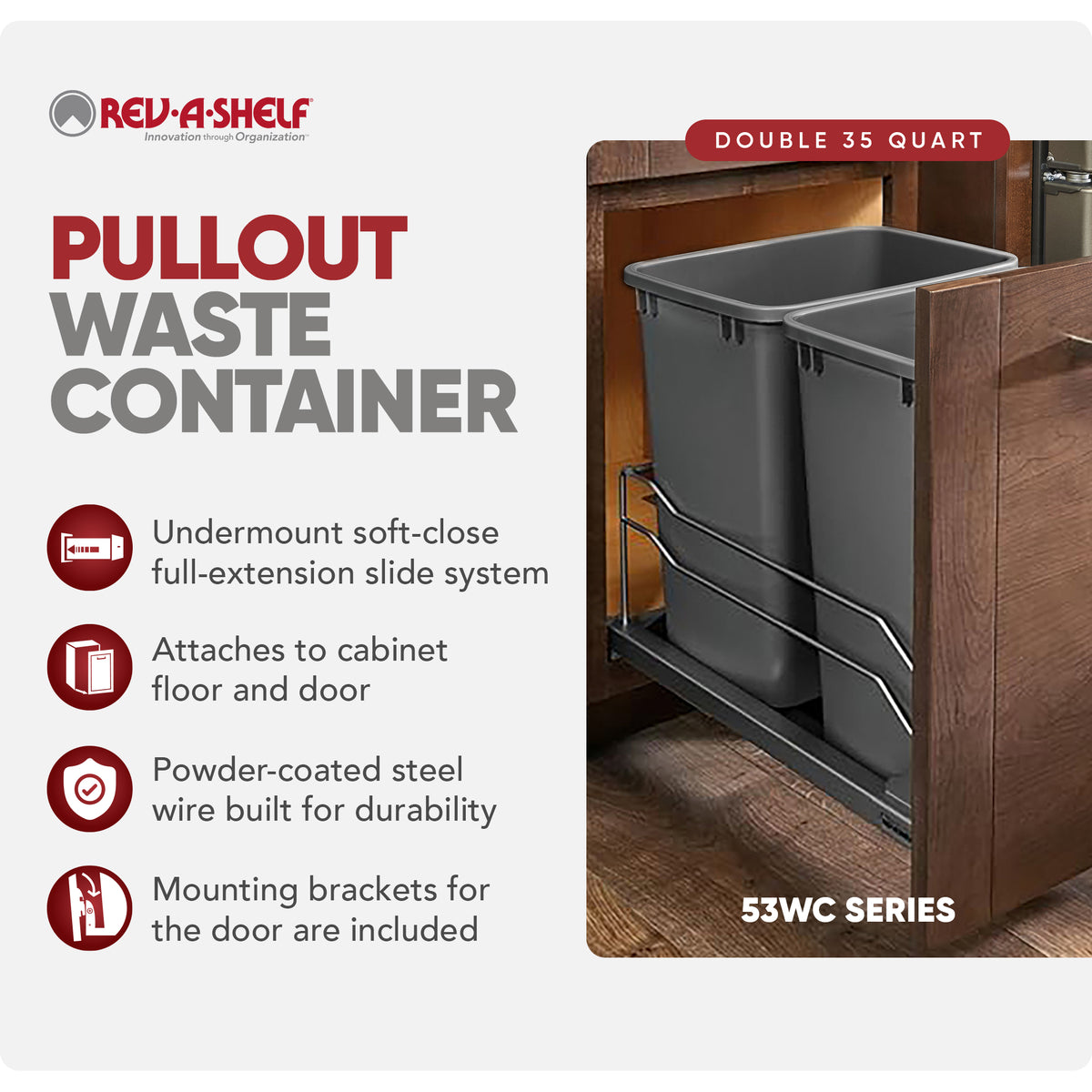 Rev-A-Shelf Double Pullout Trash Cans 35 qt. with Soft-close, 53WC-1835SCDM-213