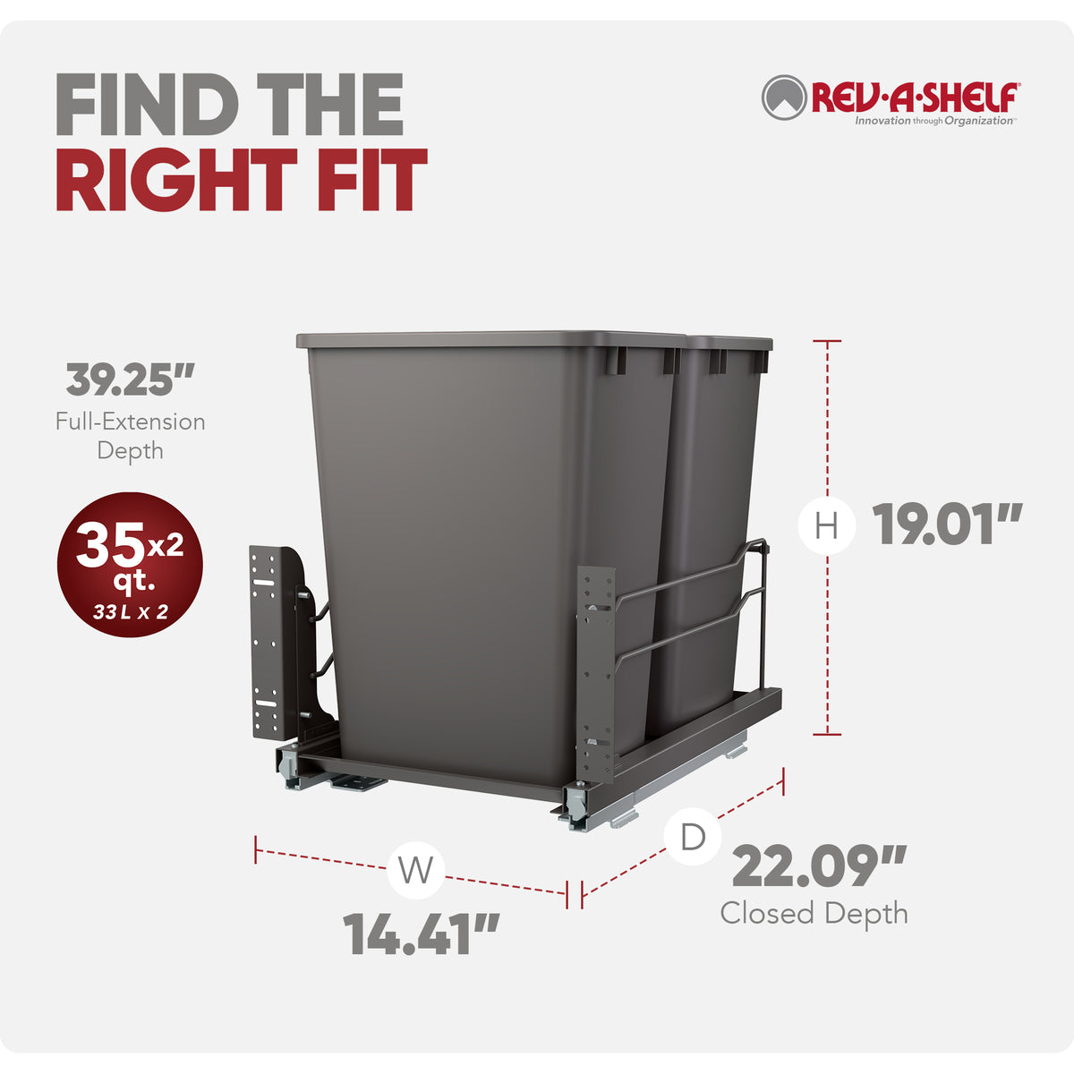 Rev-A-Shelf Double Pullout Trash Cans 35 qt. with Soft-close, 53WC-1835SCDM-213