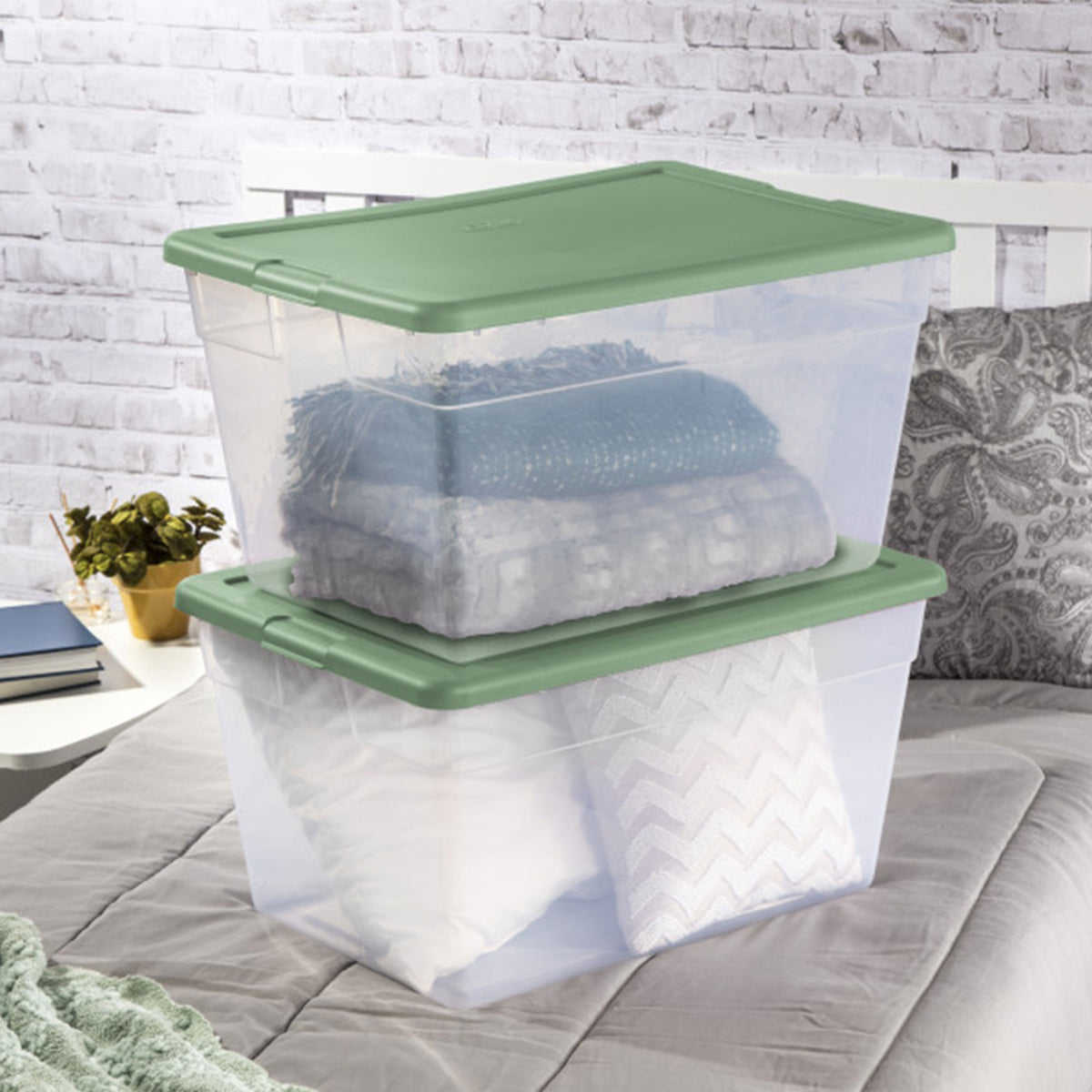 Sterilite 56 Qt Clear Plastic Stackable Storage Box Container Tote, Crisp Green