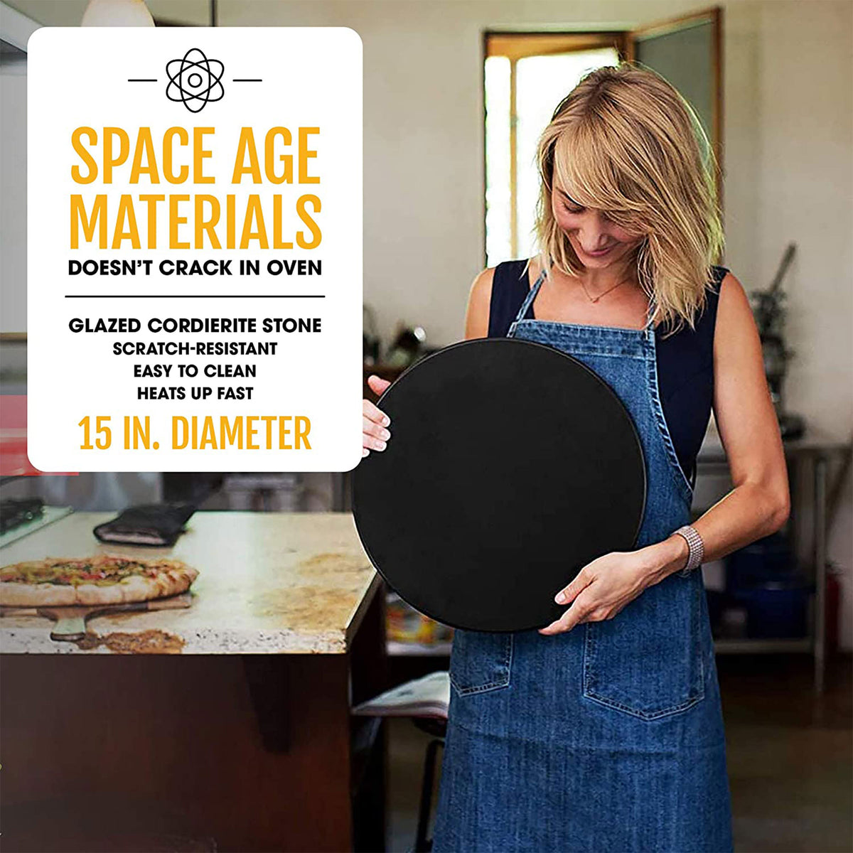 Heritage Products 15" Round Ceramic Non Stick Pizza Stone w/Wheel Cutter, Black - VMInnovations