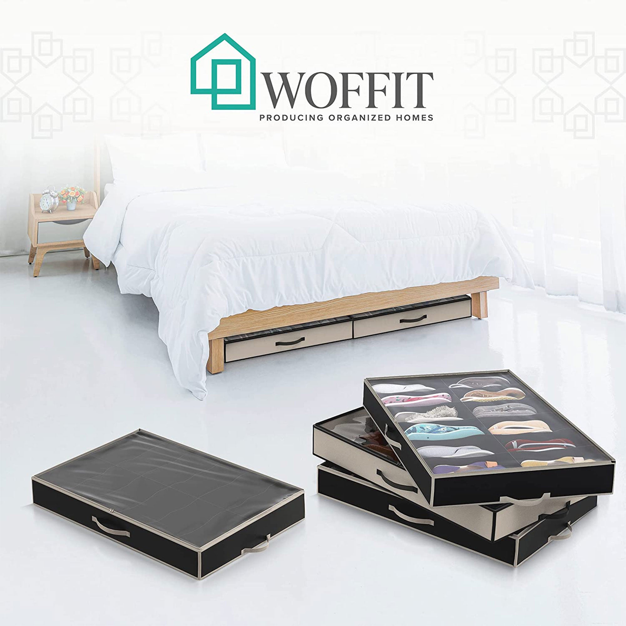 Woffit 12 Pair Under Bed Shoe Storage Zippered Organizer Box, Beige, Set of 2 - VMInnovations