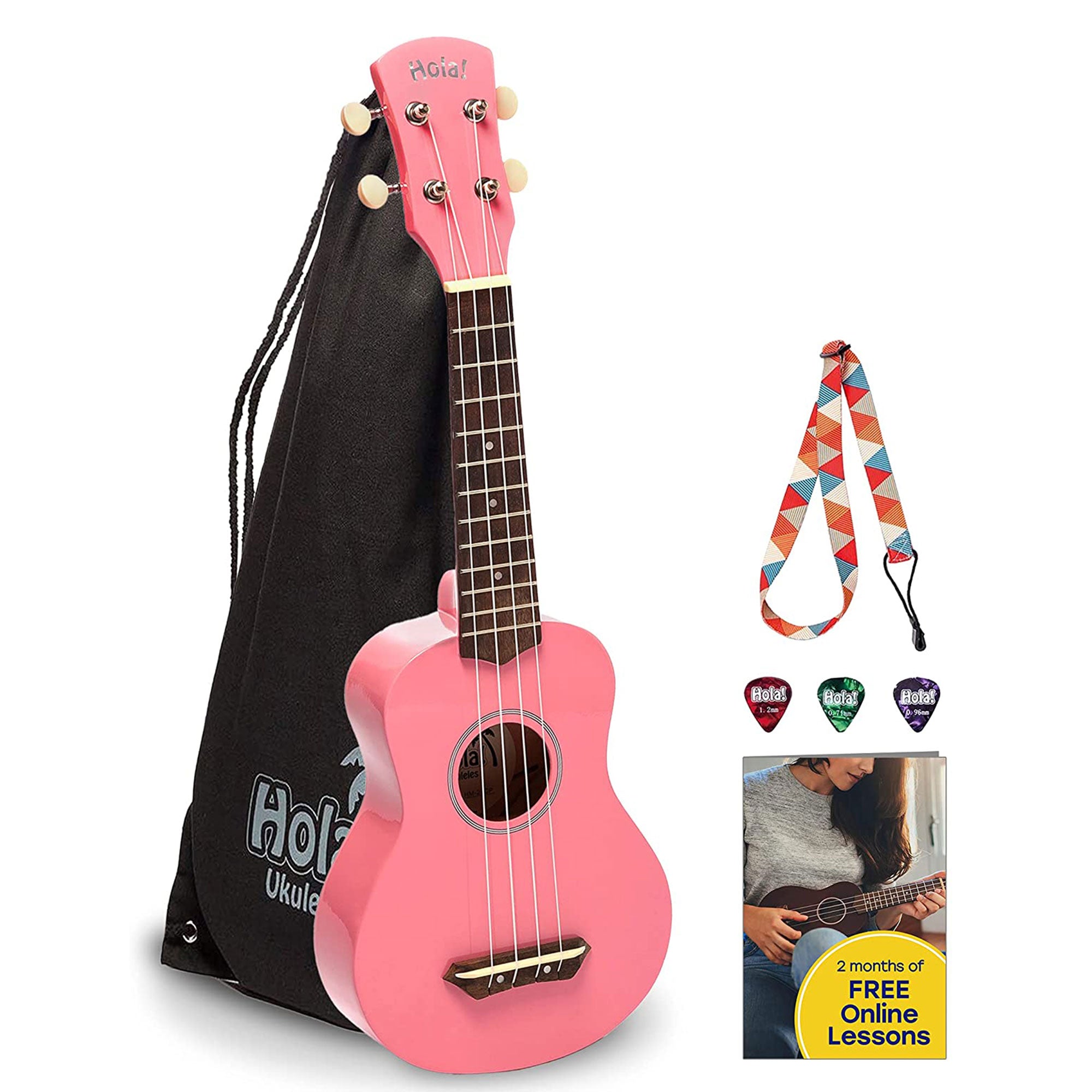 Hola! Music Color Series Soprano Ukulele Set with Tote Bag, Strap, & Picks, Pink - VMInnovations
