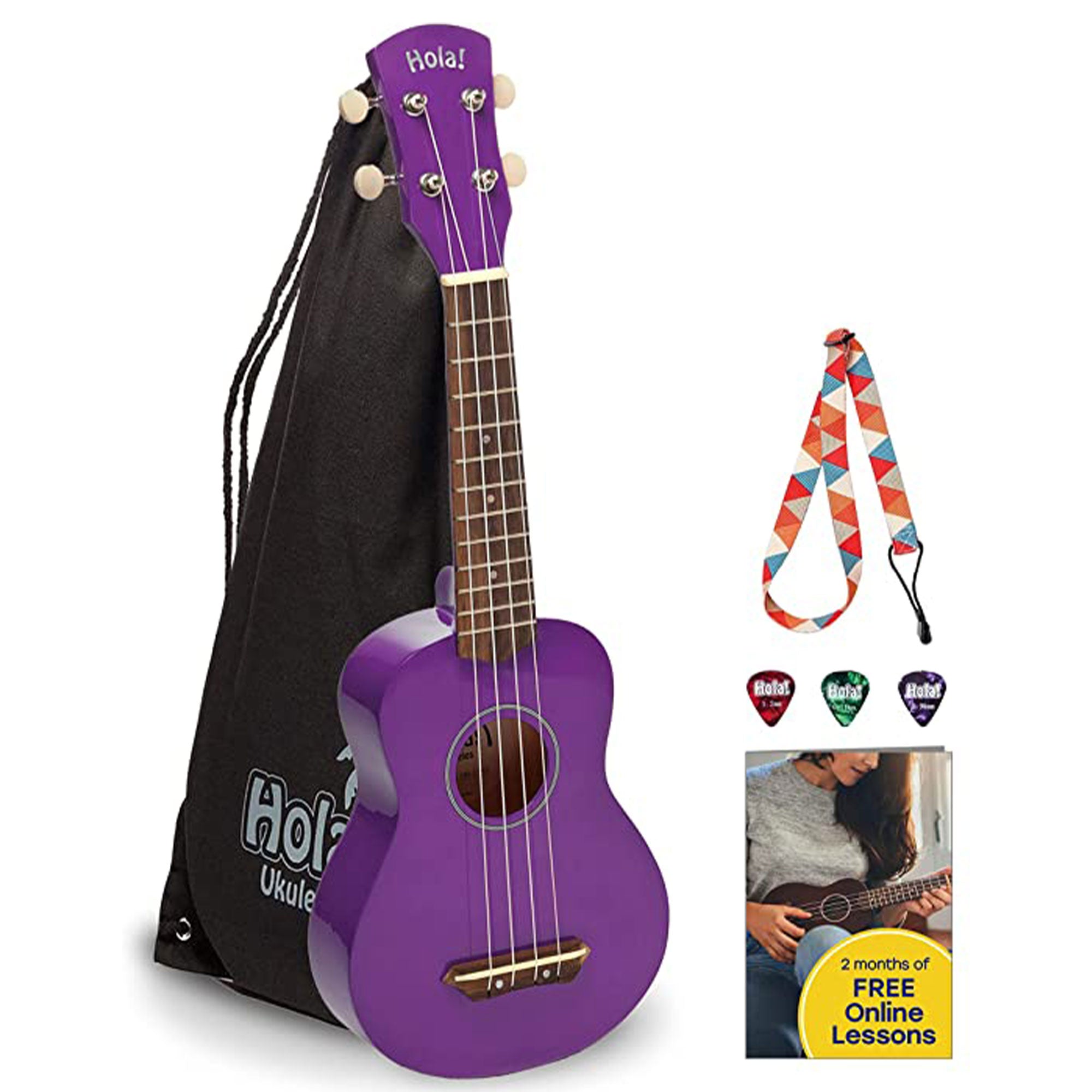 Hola! Music Soprano Ukulele w/Tote Bag, Strap, & Picks, Purple (Open Box) - VMInnovations