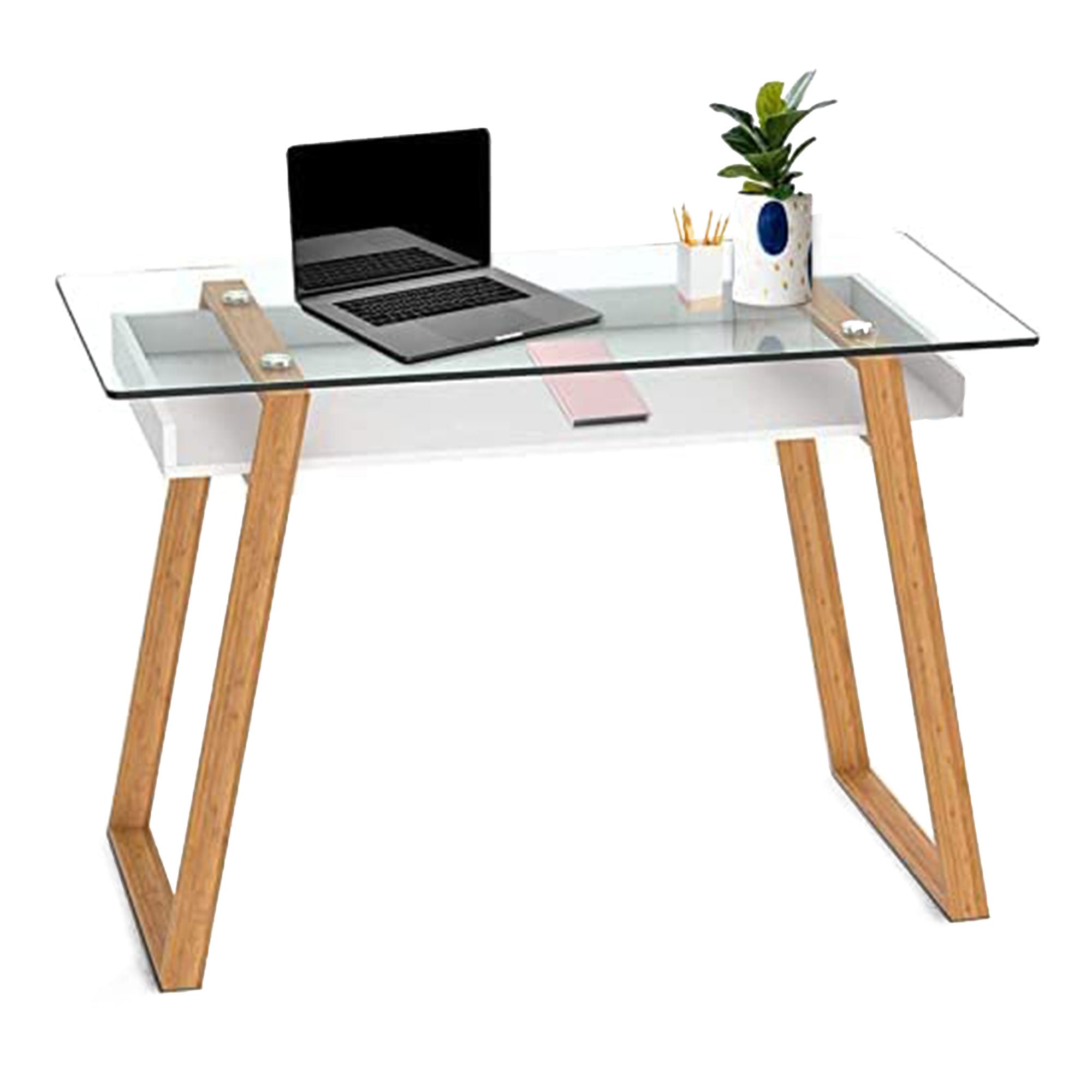bonVIVO Massimo 43" Computer Desk Study Table w/Glass Top & Storage Shelf, White - VMInnovations