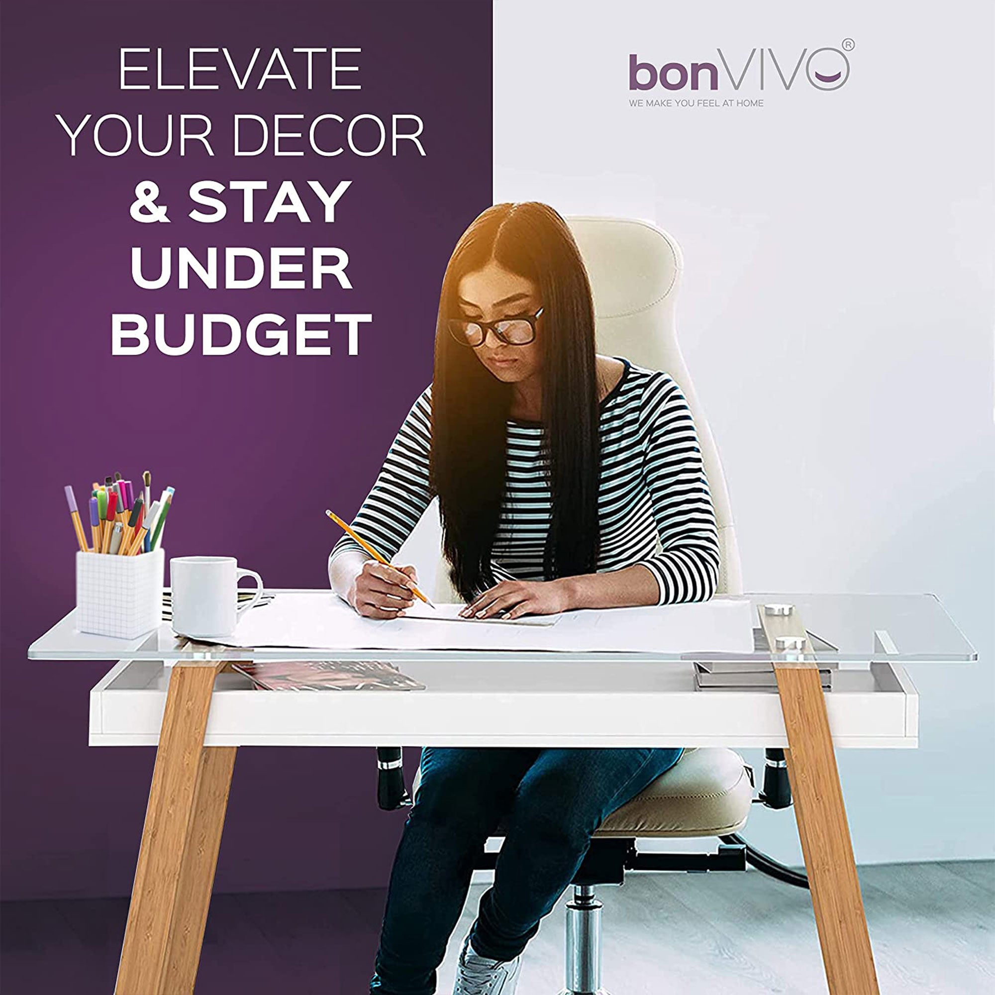 bonVIVO Massimo 43" Computer Desk Study Table w/Glass Top & Storage Shelf, White - VMInnovations