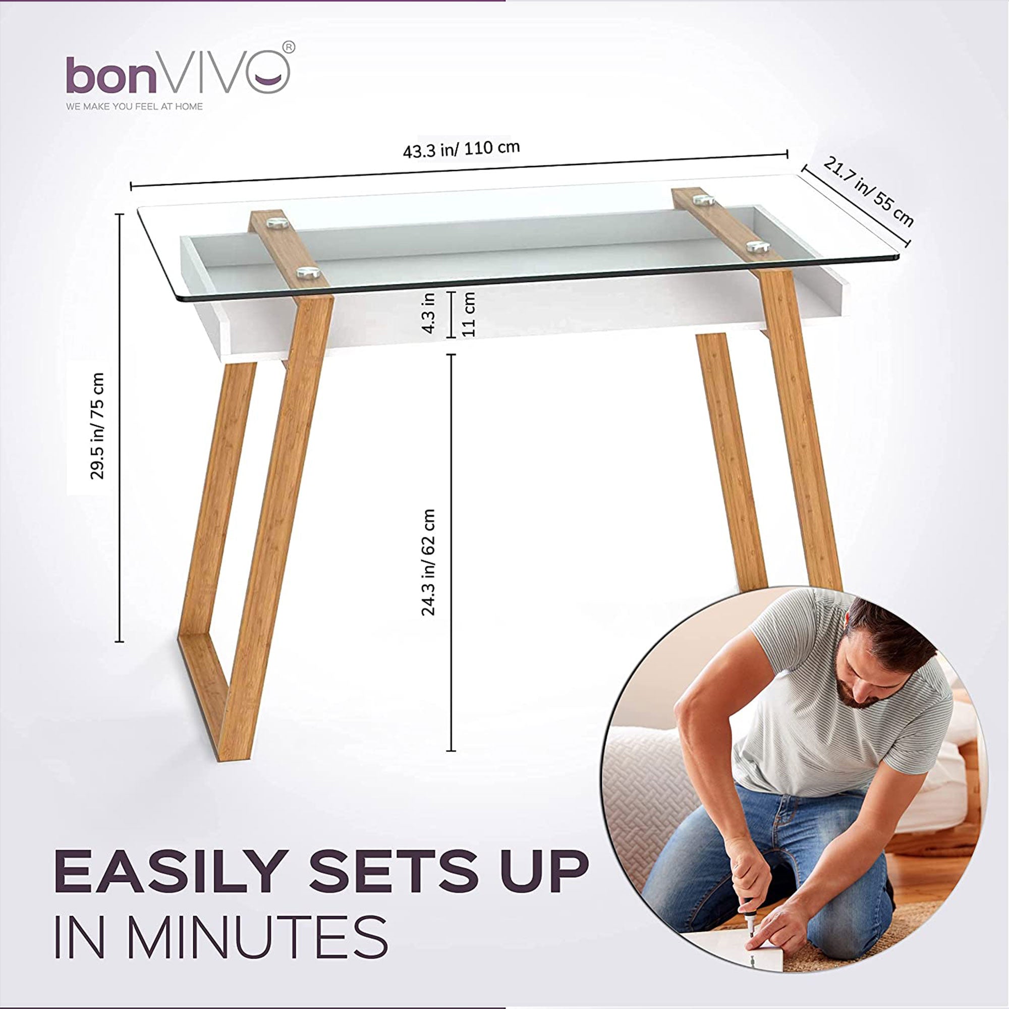 bonVIVO Massimo 43" Computer Desk Study Table w/Glass Top & Storage Shelf, White - VMInnovations