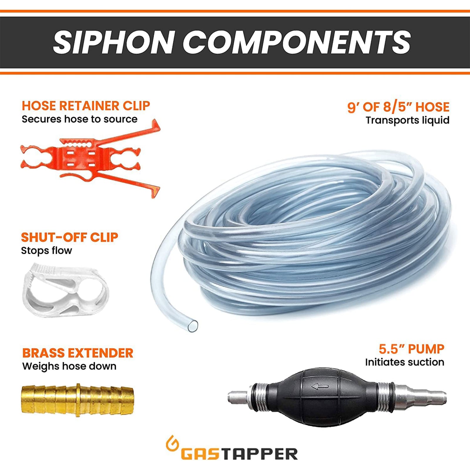 GasTapper SiphonPro Fuel Hand Pump for Gas, Oil, Diesel, and Water with 9' Hose - VMInnovations