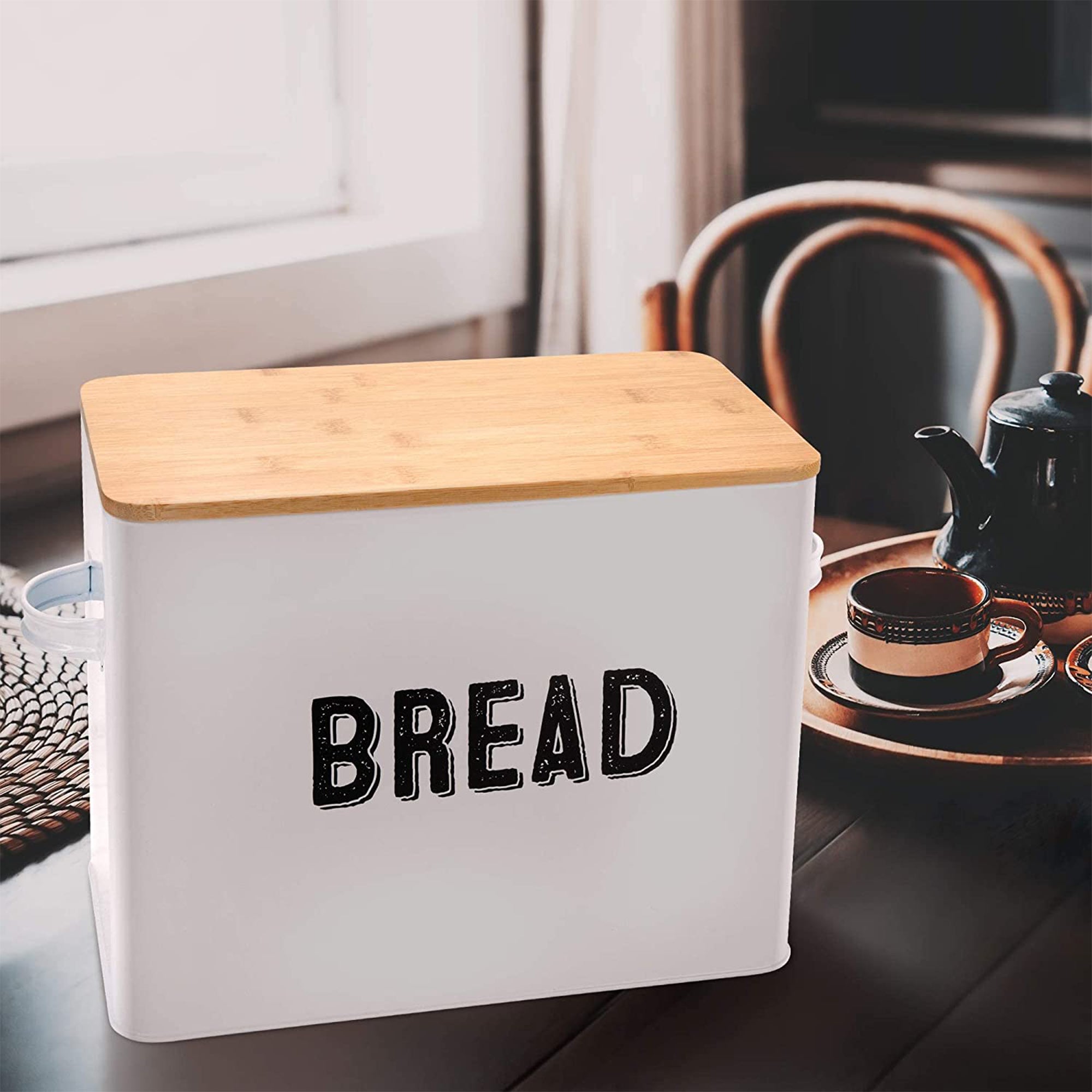 10" Tall Metal Bread Box Storage Container w/Bamboo Wooden Lid, White (Used) - VMInnovations