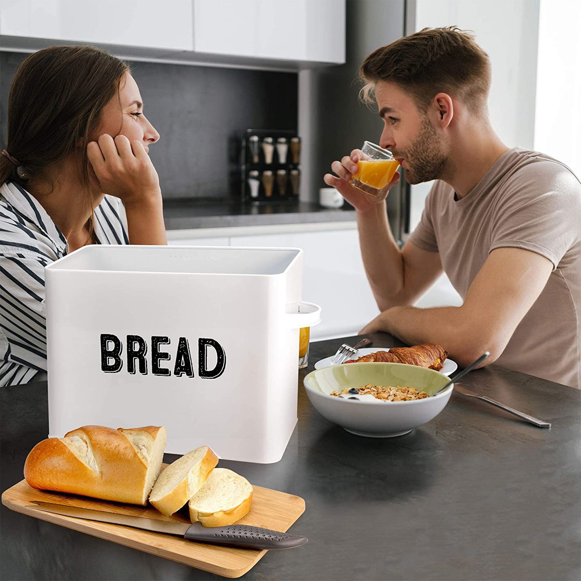 10" Tall Metal Bread Box Storage Container w/Bamboo Wooden Lid, White (Used) - VMInnovations