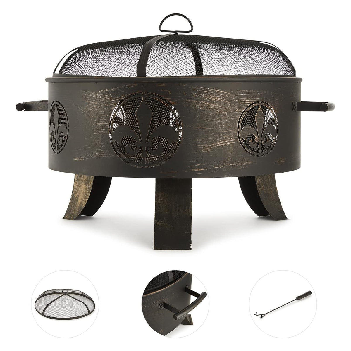 Blumfeldt Versailles Portable 23.6 Inch Round Outdoor Metal Fire Pit, Black