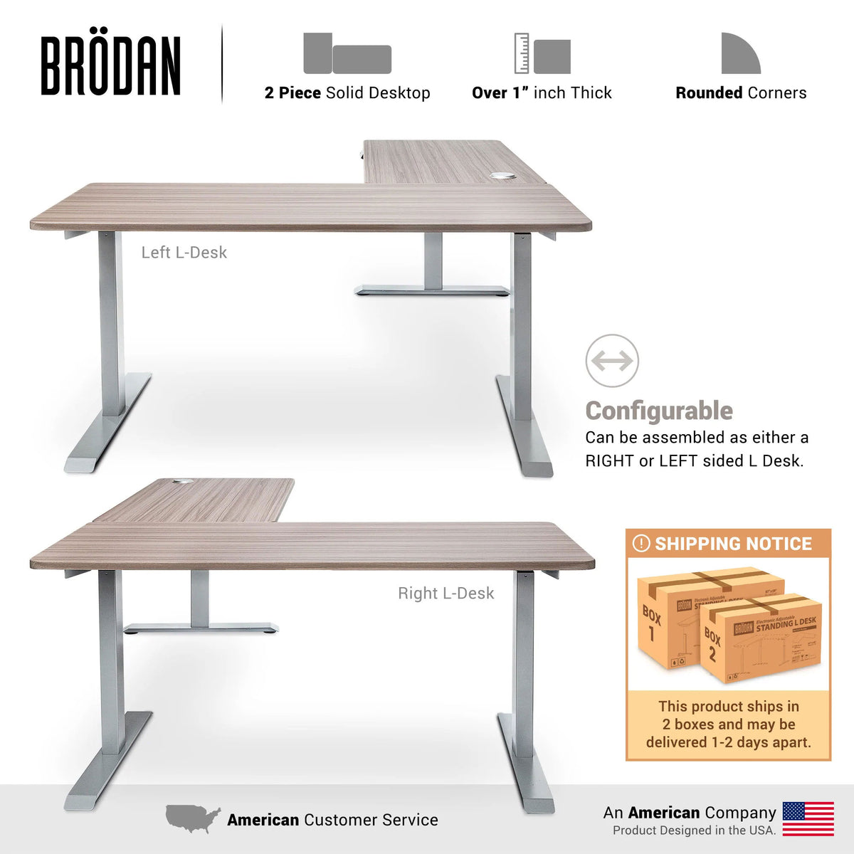 BRODAN Electric Standing L-Shaped Work Desk w/ Charging Station, Oak (Open Box)