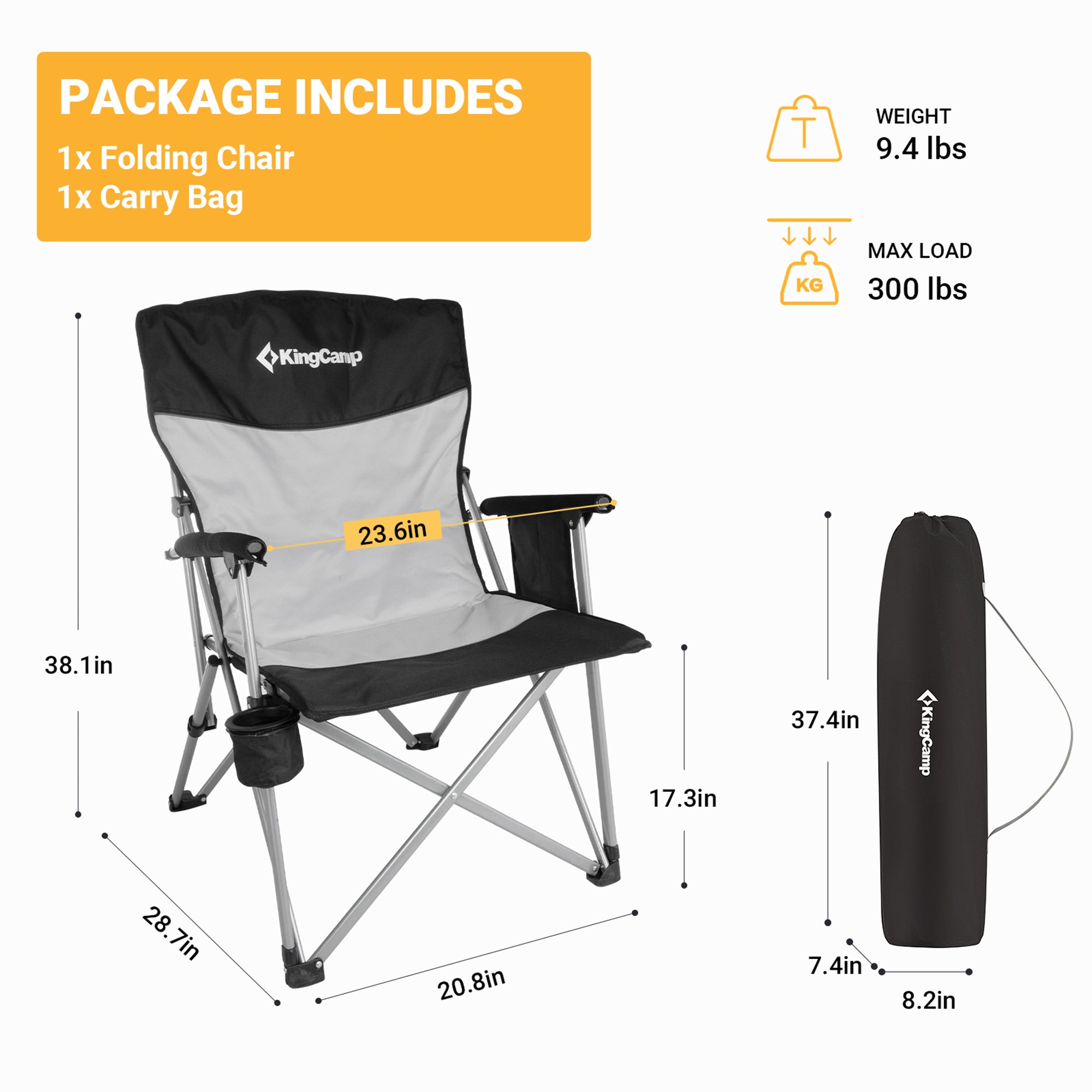 KingCamp Padded Camping Lounge Chair w/ Cupholder & Pocket, Black/Grey(Open Box) - VMInnovations