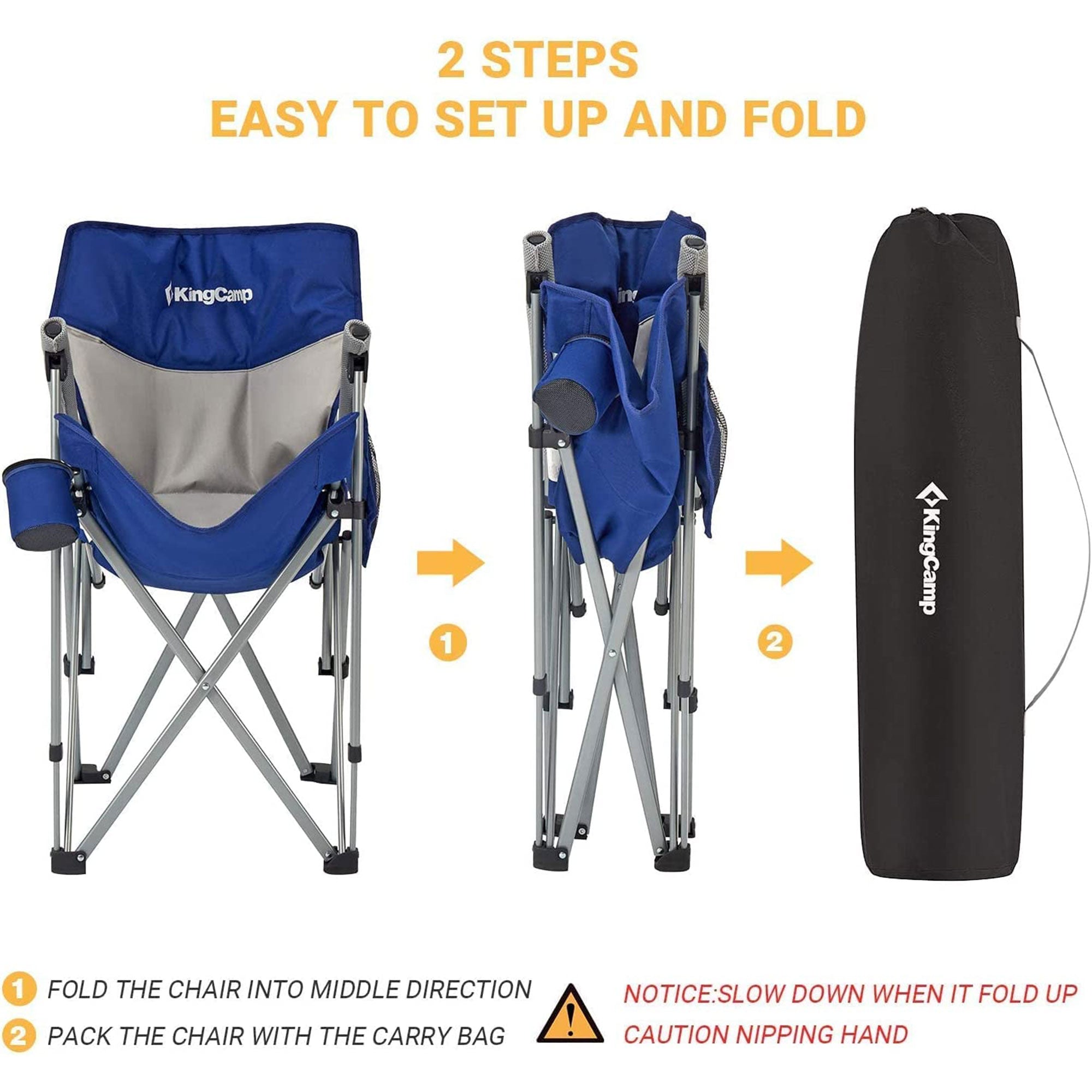 KingCamp Padded Camping Lounge Chair w/ Cupholder & Pocket, Blue/Grey (Open Box) - VMInnovations