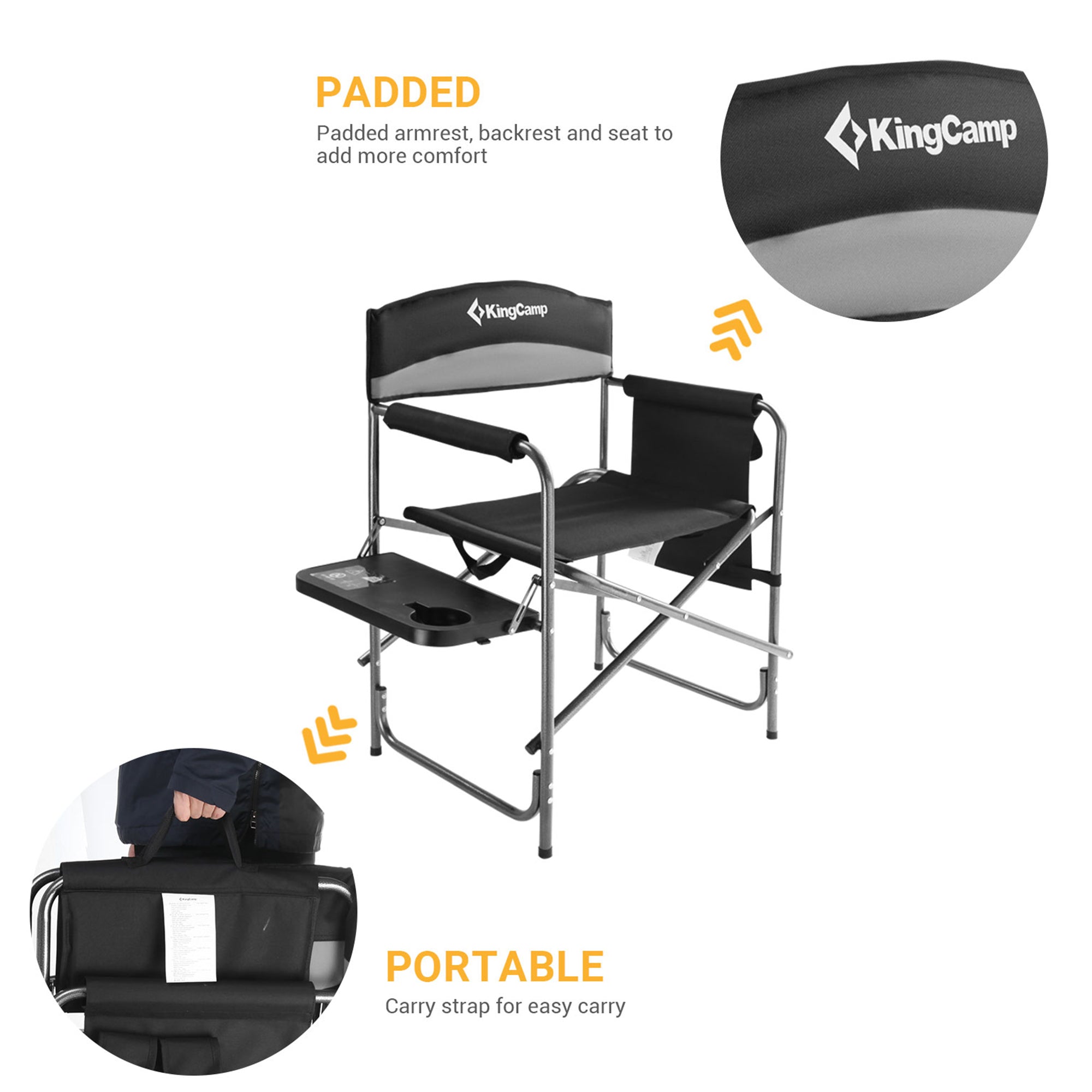 KingCamp Outdoor Folding Chair with Table & Pockets, Black/Grey (2pk)(For Parts) - VMInnovations