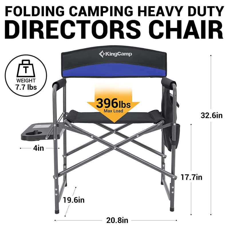 KingCamp Padded Outdoor Folding Chair with Table & Pockets, Black/Blue (2 Pack)