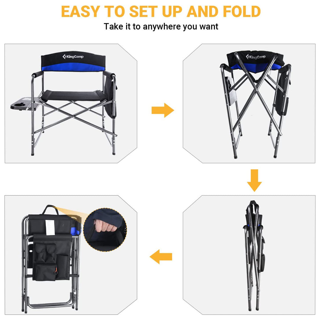 KingCamp Padded Outdoor Folding Chair with Table & Pockets, Black/Blue (2 Pack) - VMInnovations