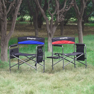KingCamp Padded Outdoor Folding Chair with Table & Pockets, Black/Blue (2 Pack)