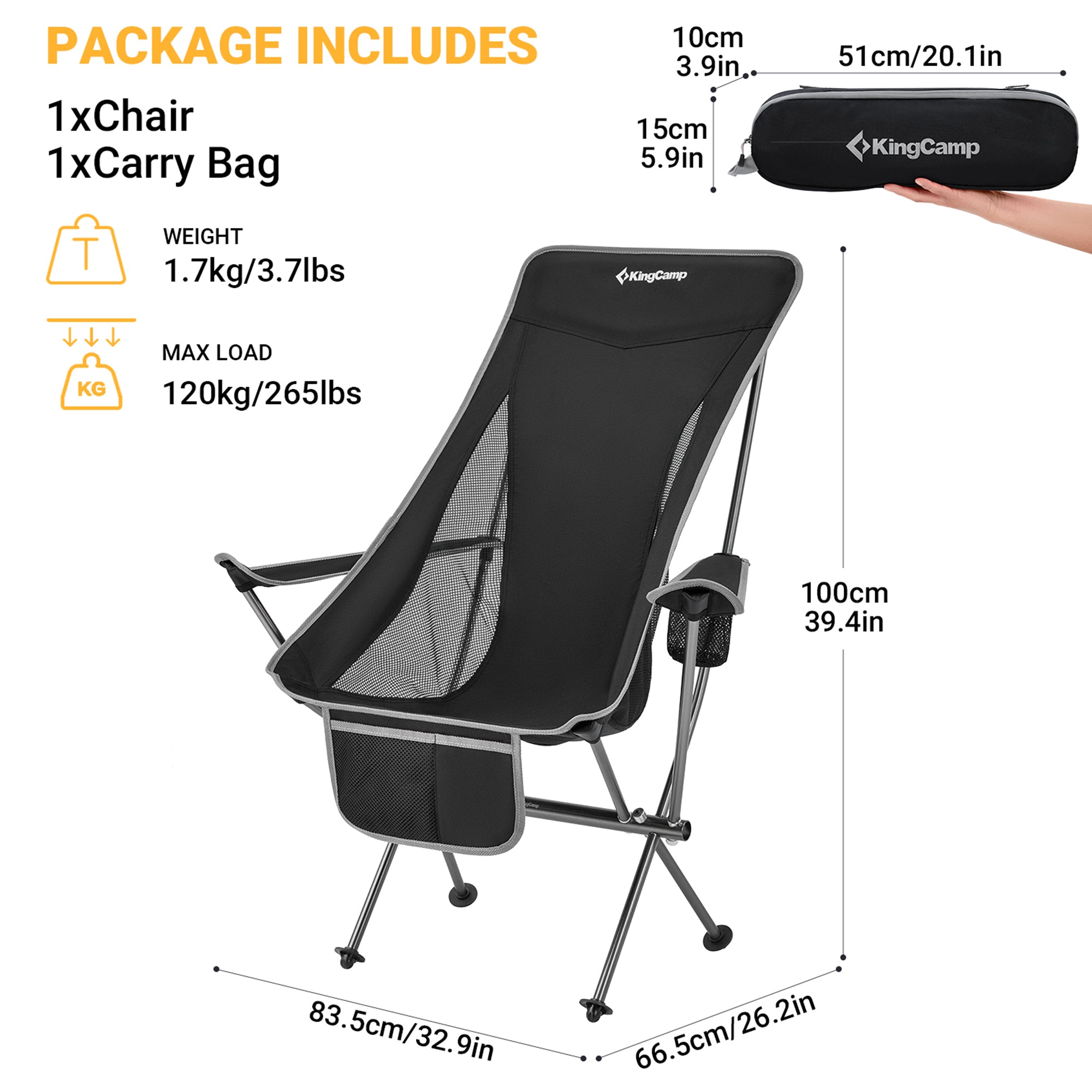 KingCamp Lightweight Highback Camping Chair with Cupholder & Pocket, Black/Grey - VMInnovations