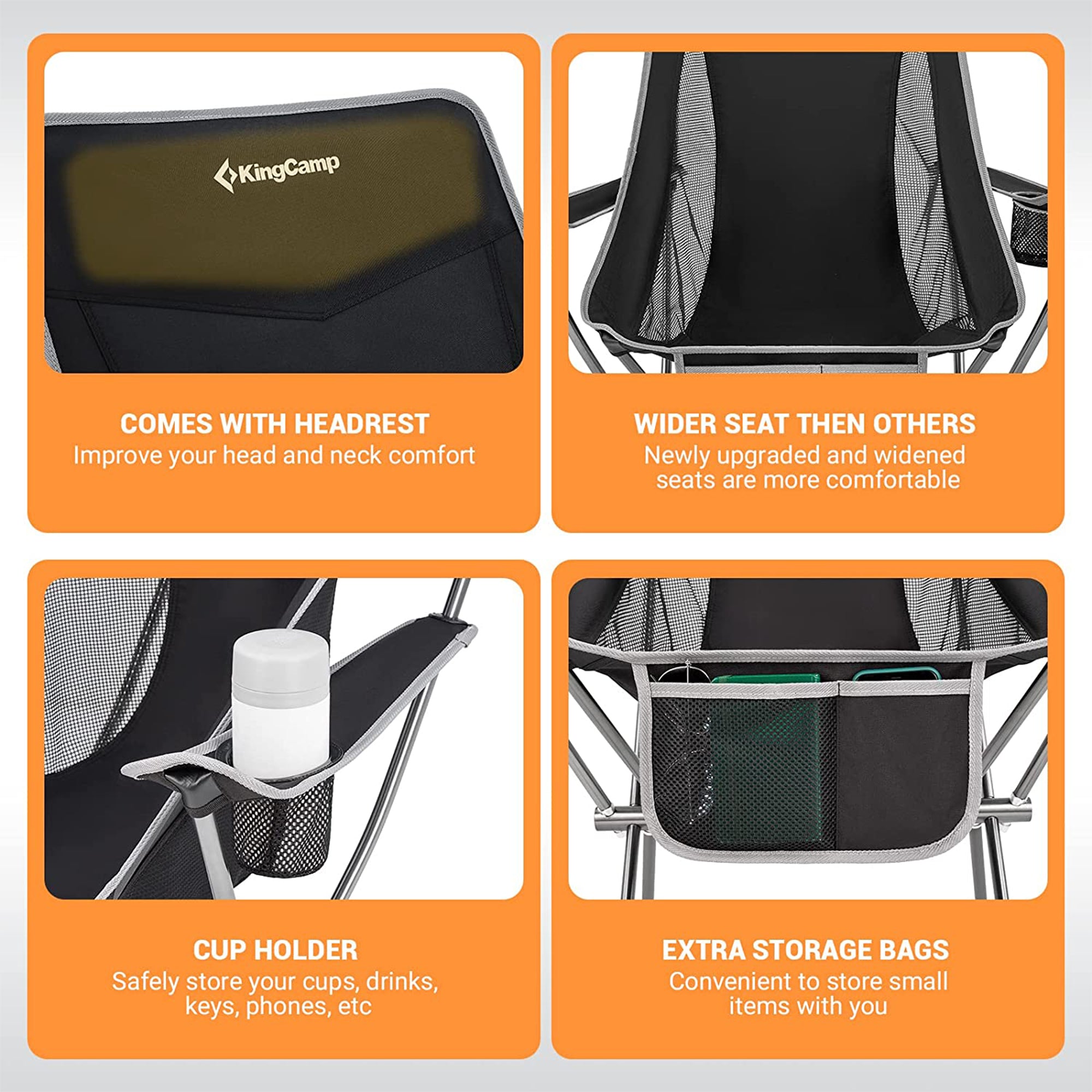 KingCamp Lightweight Highback Camping Chair with Cupholder & Pocket, Black/Grey - VMInnovations