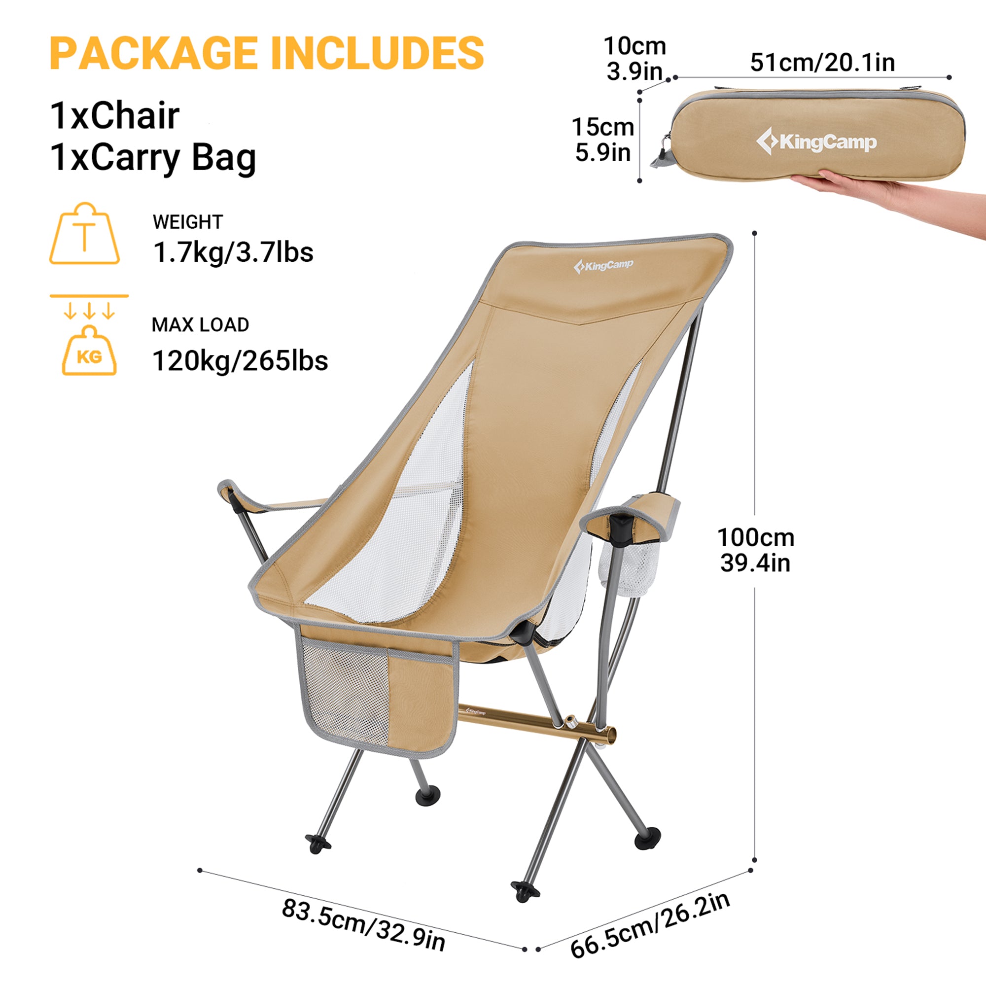 KingCamp Lightweight Highback Camp Chair with Cupholder & Pocket, Khaki (Used) - VMInnovations