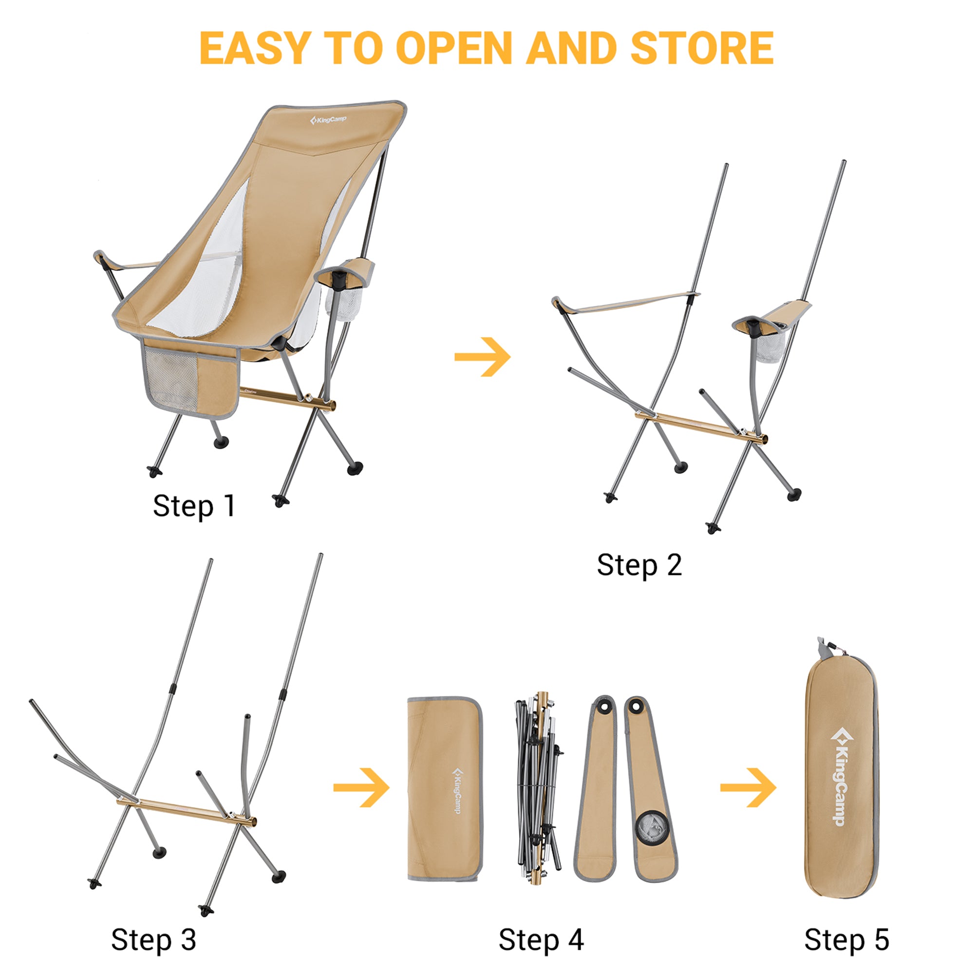 KingCamp Lightweight Highback Camp Chair with Cupholder & Pocket, Khaki (Used) - VMInnovations