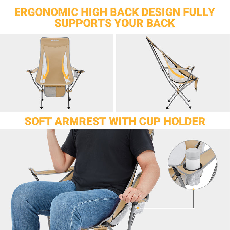 KingCamp Lightweight Highback Camp Lounge Chair with Cupholder & Pocket, Khaki