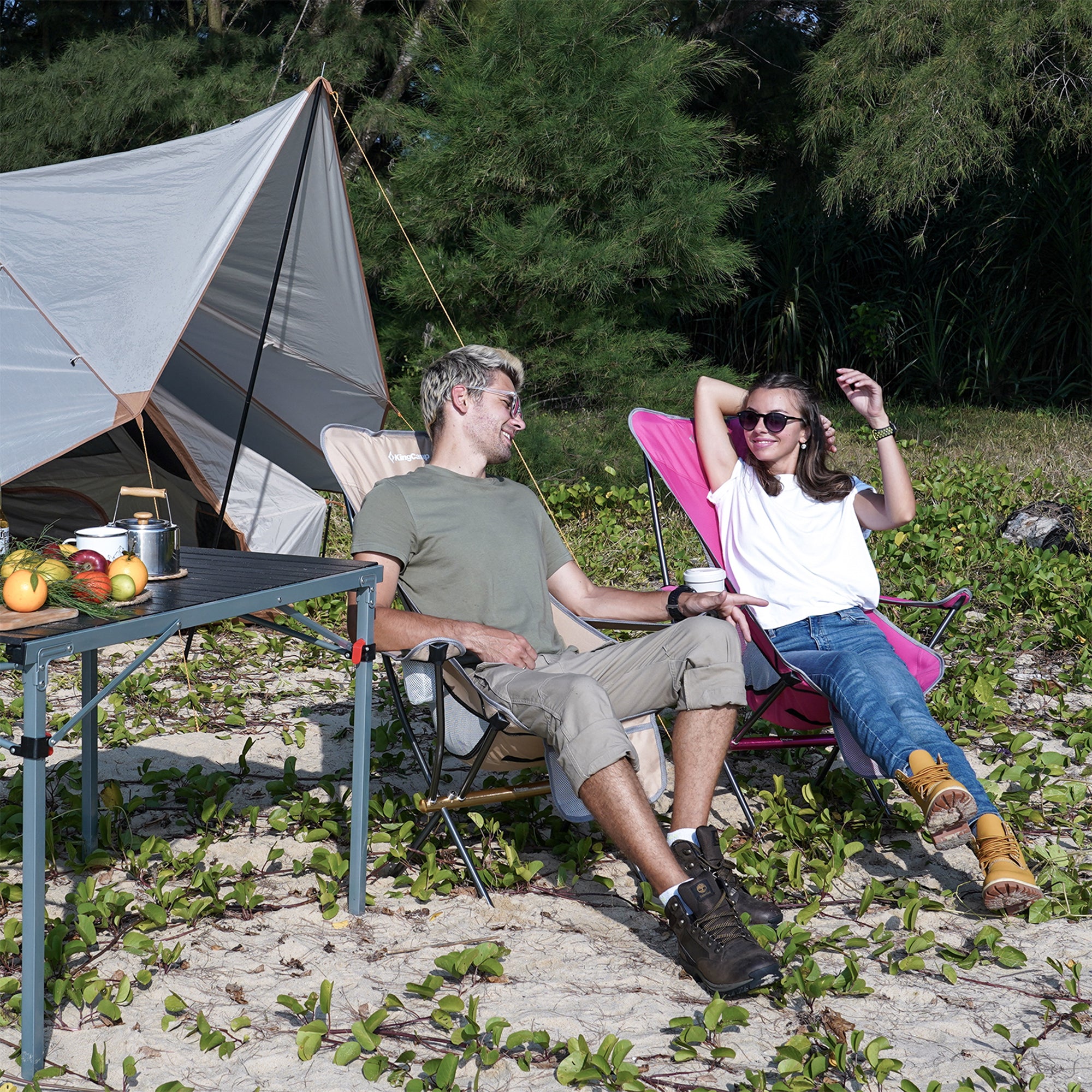 KingCamp Lightweight Highback Camp Chair with Cupholder & Pocket, Khaki (Used) - VMInnovations