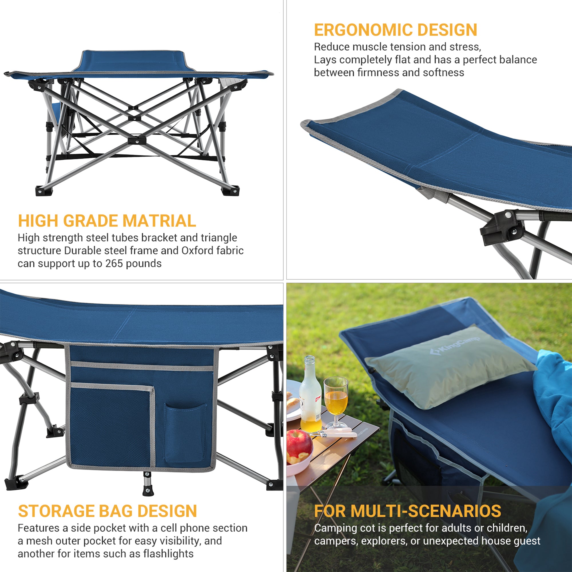 King Camp Portable Outdoor Camping Cot w/ Multi Layer Side Pocket (Open Box) - VMInnovations