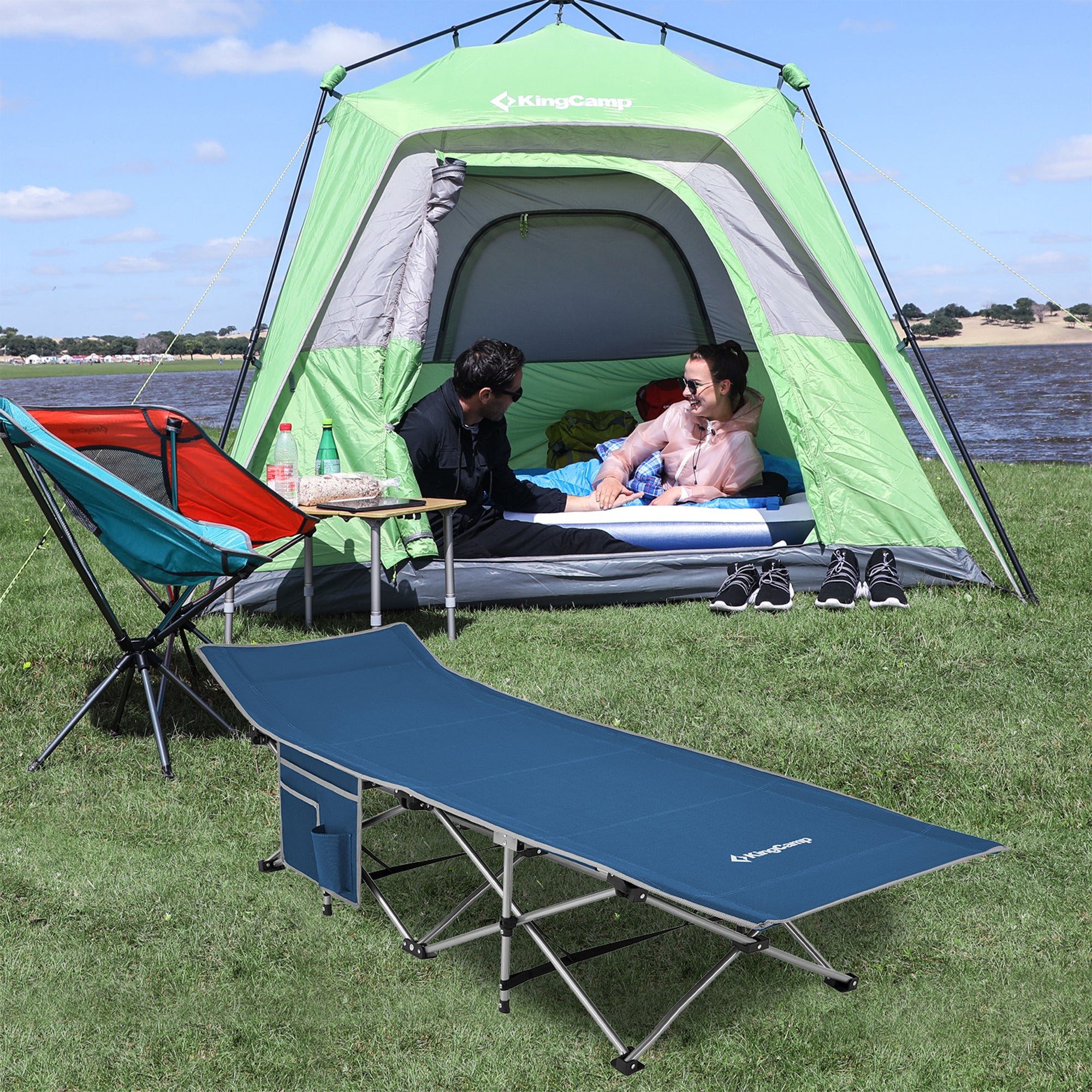 King Camp Portable Outdoor Camping Cot w/ Multi Layer Side Pocket (Open Box) - VMInnovations