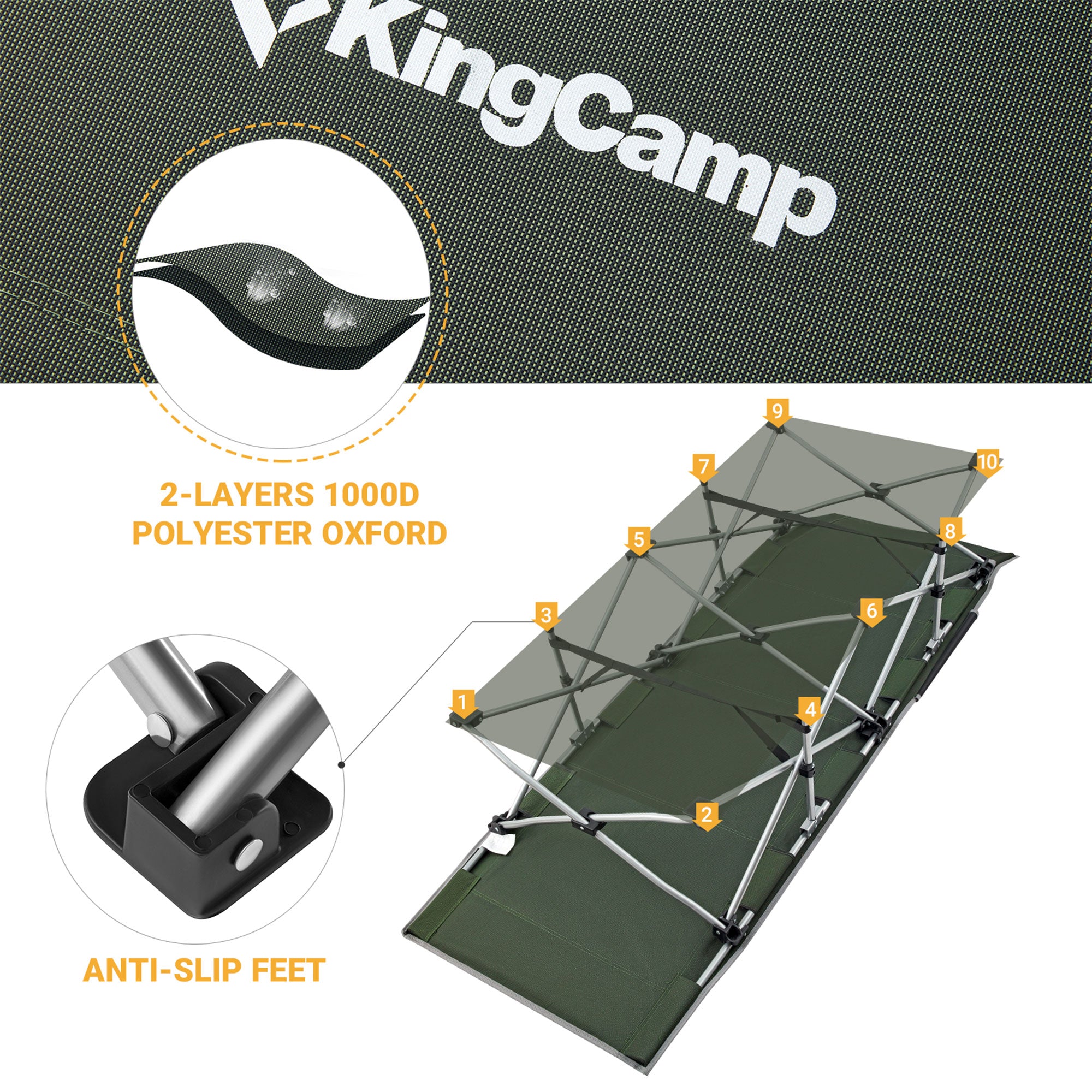 KingCamp Portable Outdoor Camping Cot w/ Multi Layer Side Pocket, Green (Used) - VMInnovations