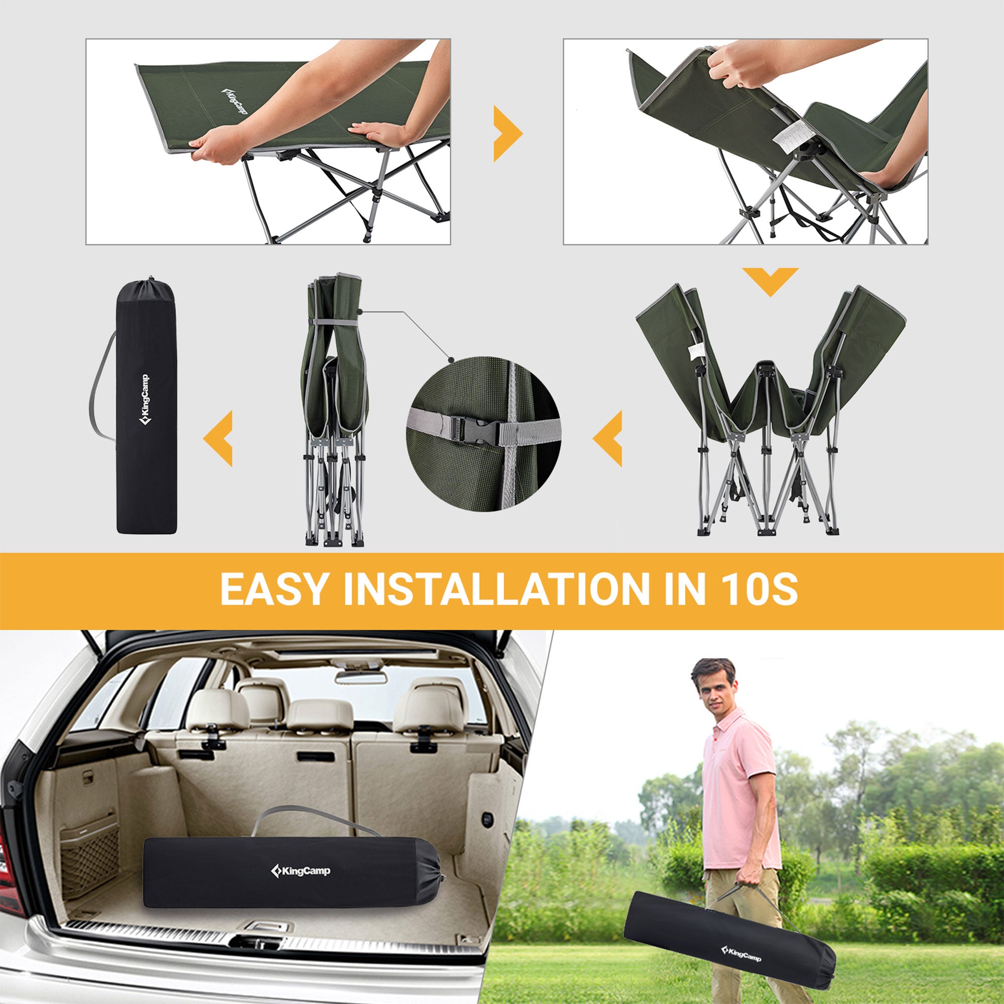 KingCamp Portable Outdoor Camping Cot w/ Multi Layer Side Pocket, Green (Used) - VMInnovations