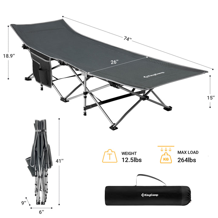 KingCamp Folding Portable Outdoor Camping Cot w/ Multi Layer Side Pocket, Grey - VMInnovations