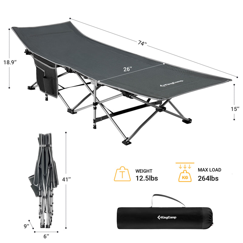 KingCamp Folding Portable Outdoor Camping Cot w/ Multi Layer Side Pocket, Grey