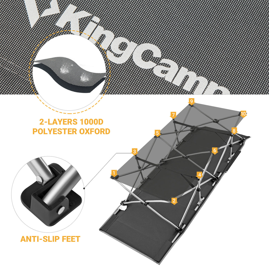 KingCamp Folding Portable Outdoor Camping Cot w/ Multi Layer Side Pocket, Grey - VMInnovations