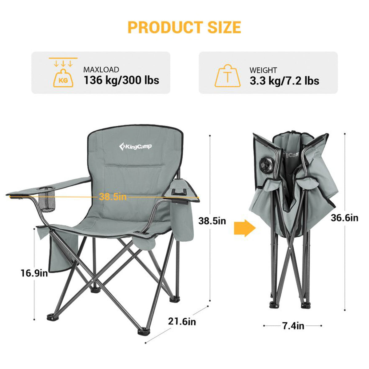 KingCamp Padded Folding Chair w/Cupholder, Cooler, & Pocket, Grey(2pk)(Open Box)