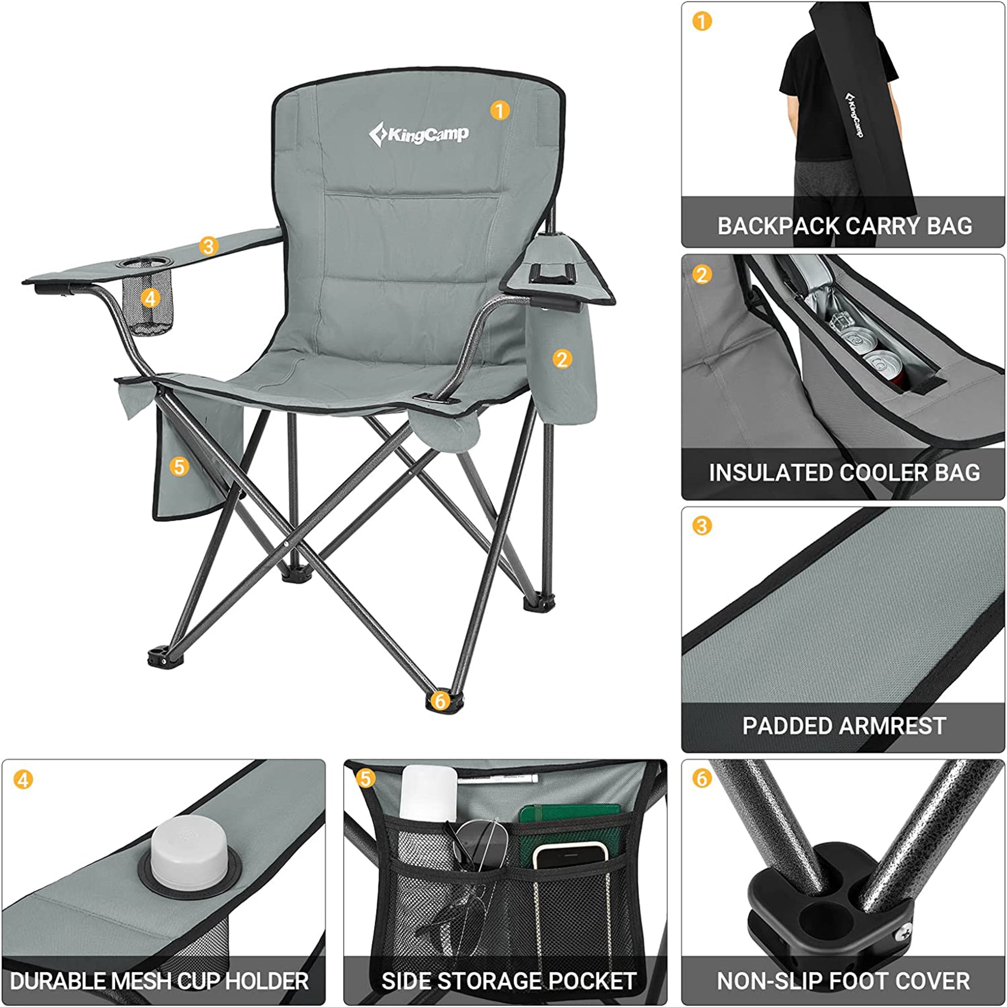KingCamp Padded Folding Chair w/Cupholder, Cooler, & Pocket, Grey(2pk)(Open Box)