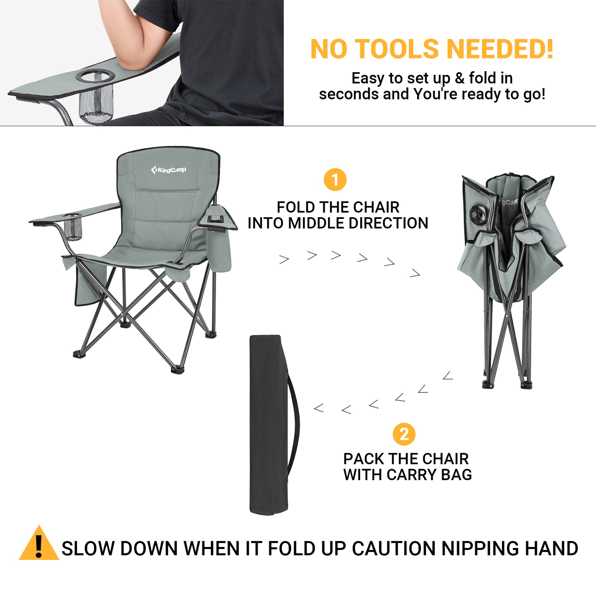 KingCamp Padded Folding Chair w/Cupholder, Cooler, & Pocket, Grey(2pk)(Open Box)