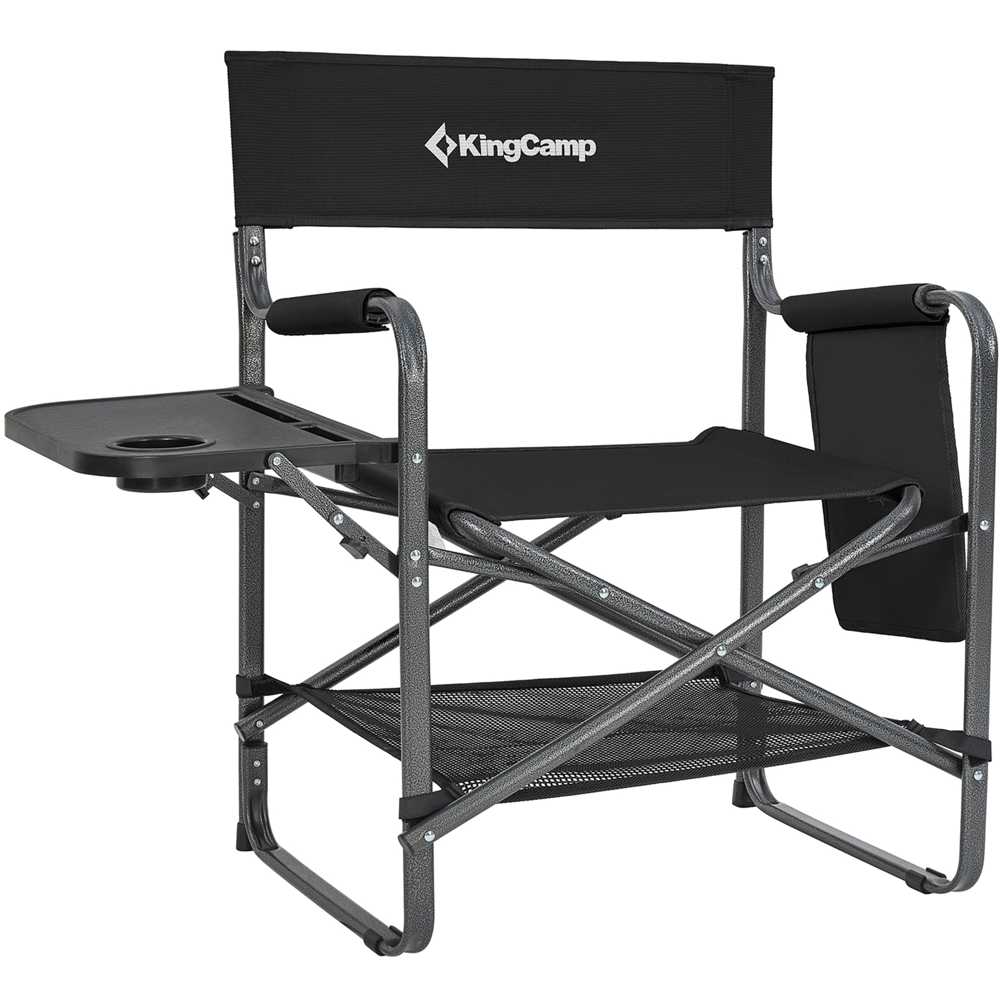 KingCamp Padded Folding Director Chair w/ Side Table & Pockets, Black (Used) - VMInnovations