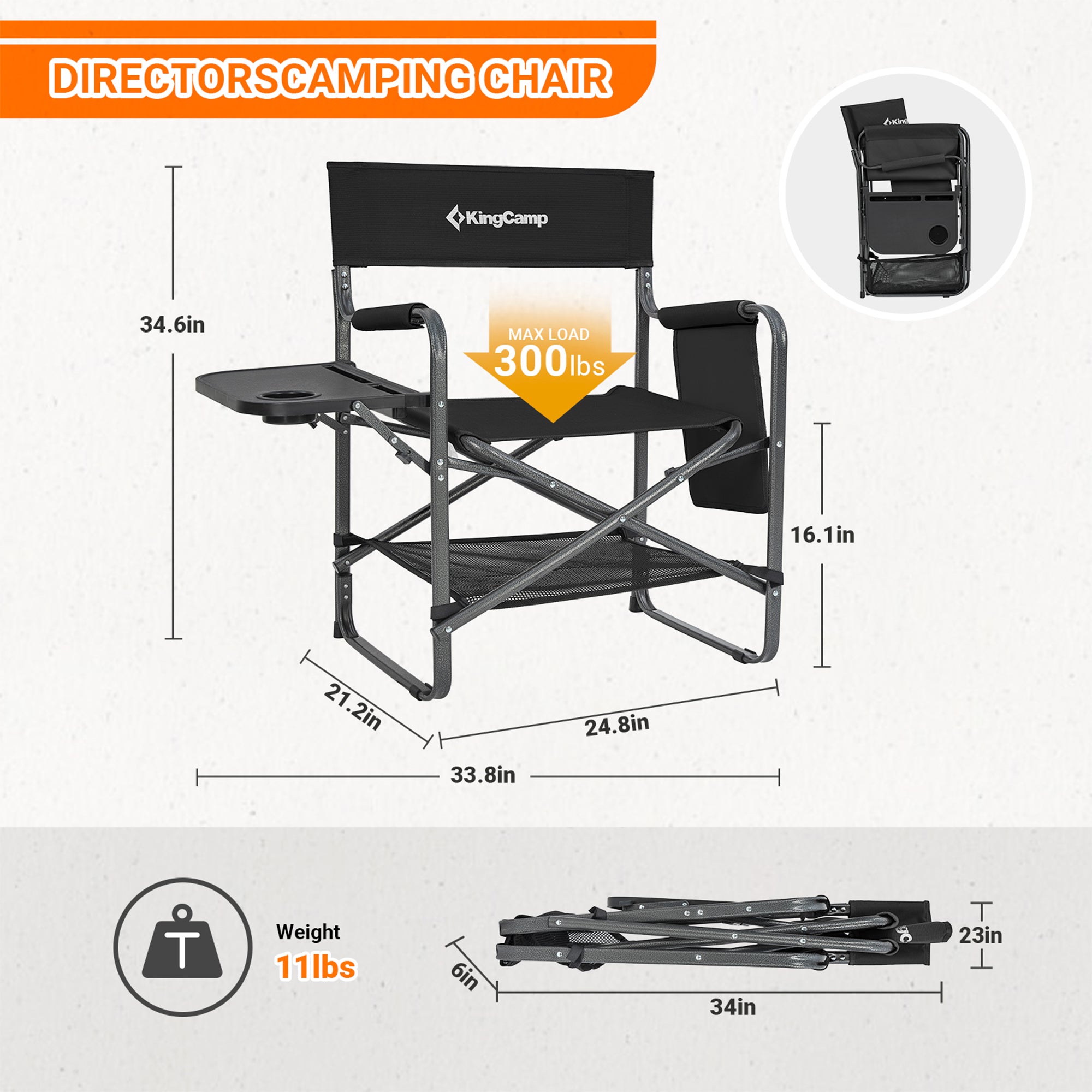 KingCamp Padded Folding Director Chair w/ Side Table & Pockets, Black (Used) - VMInnovations