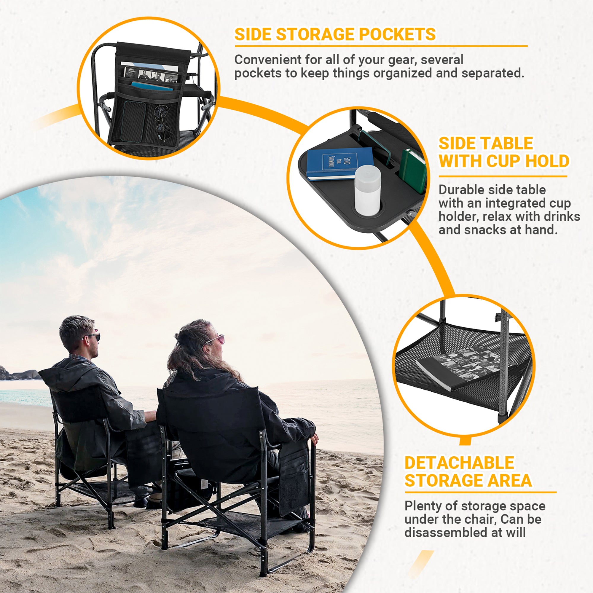 KingCamp Padded Folding Director Chair w/ Side Table & Pockets, Black (Used) - VMInnovations