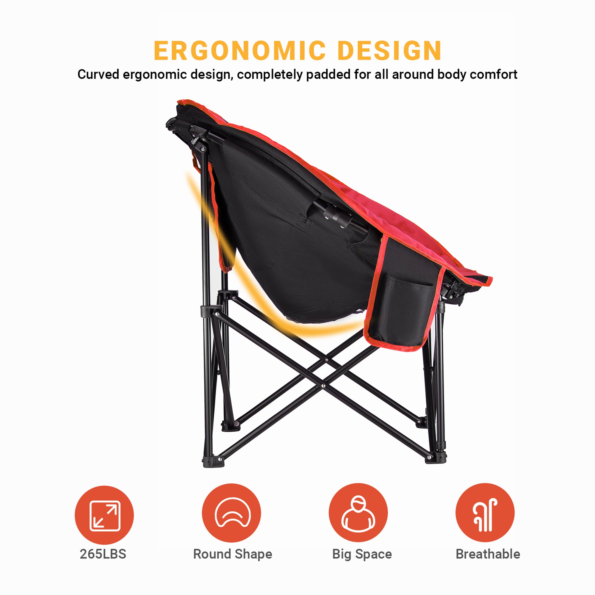 Foldable Saucer Camping Lounge Chair with Cupholder Storage, Black/Red (Used) - VMInnovations