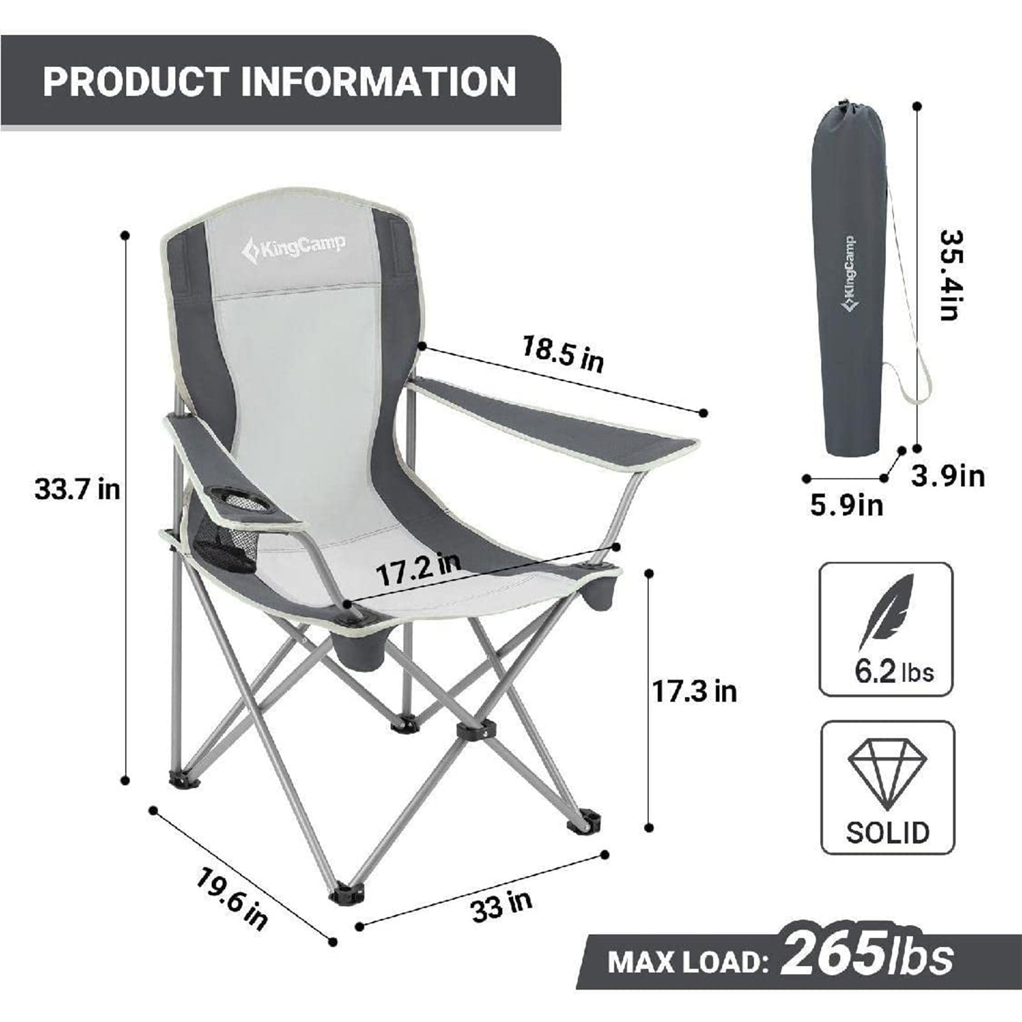 KingCamp Lightweight Folding Chair with Cupholder, Black/Grey (Used) - VMInnovations