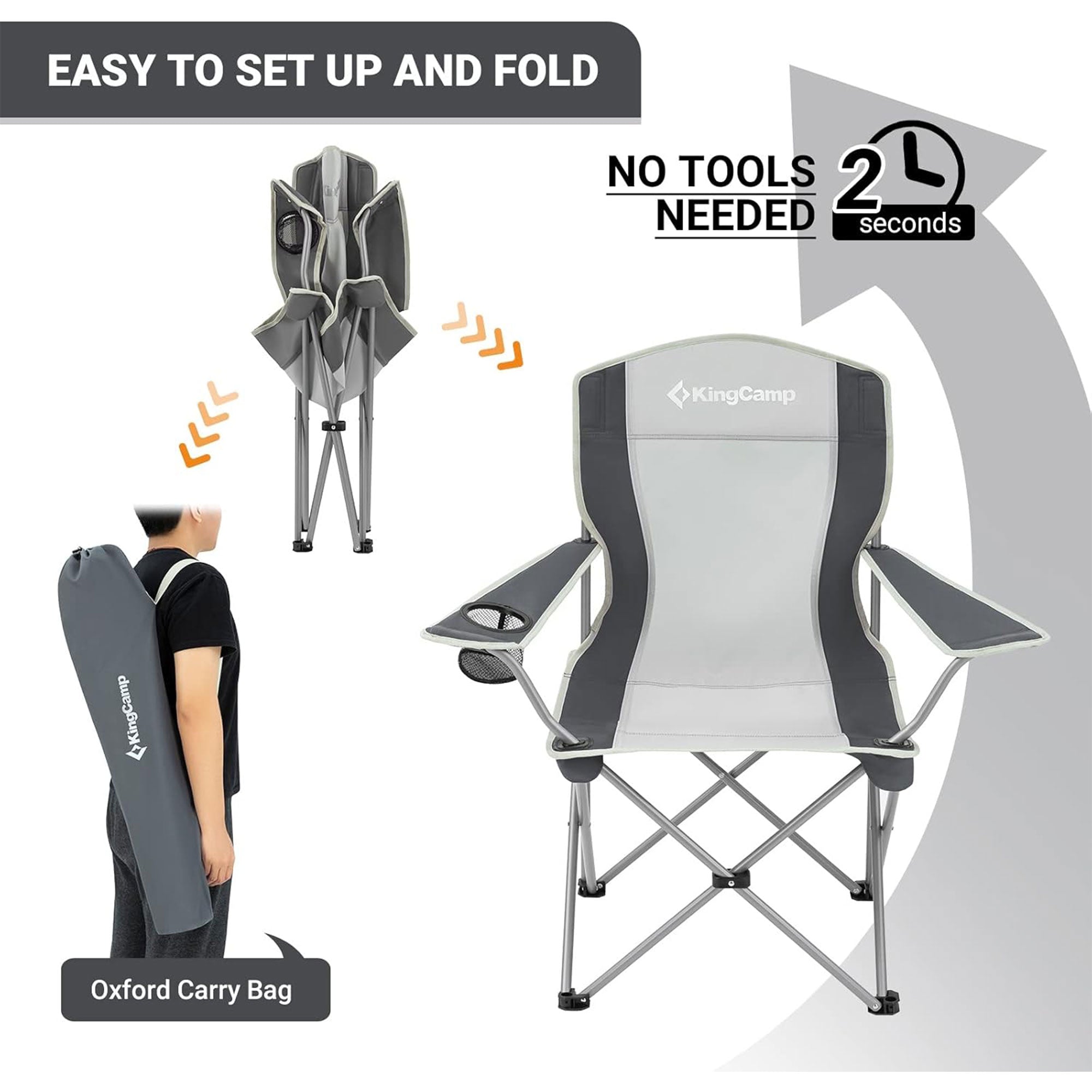KingCamp Lightweight Folding Outdoor Camping Chair w/ Cupholder, Grey (Open Box)