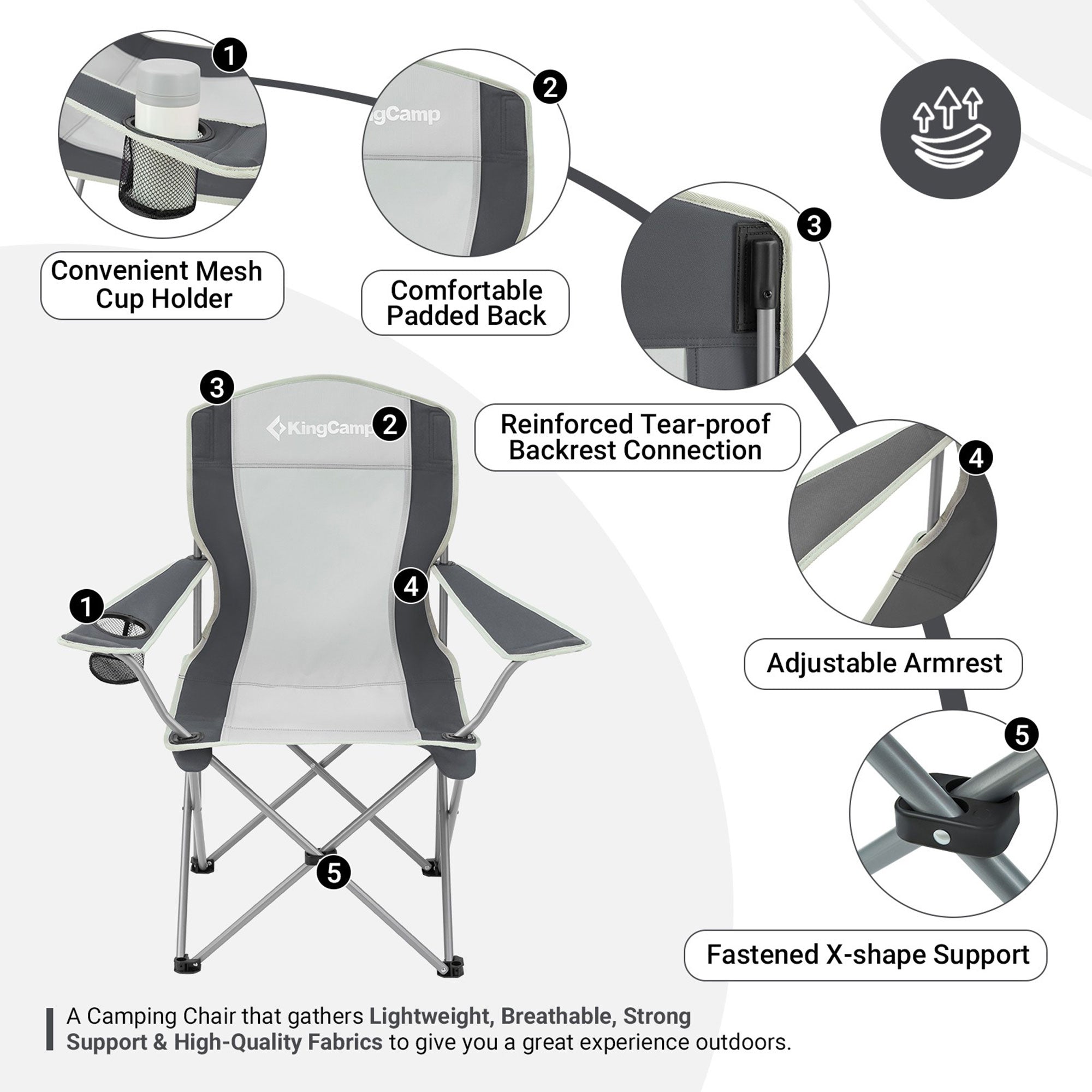 KingCamp Lightweight Folding Chair with Cupholder, Black/Grey (Used) - VMInnovations