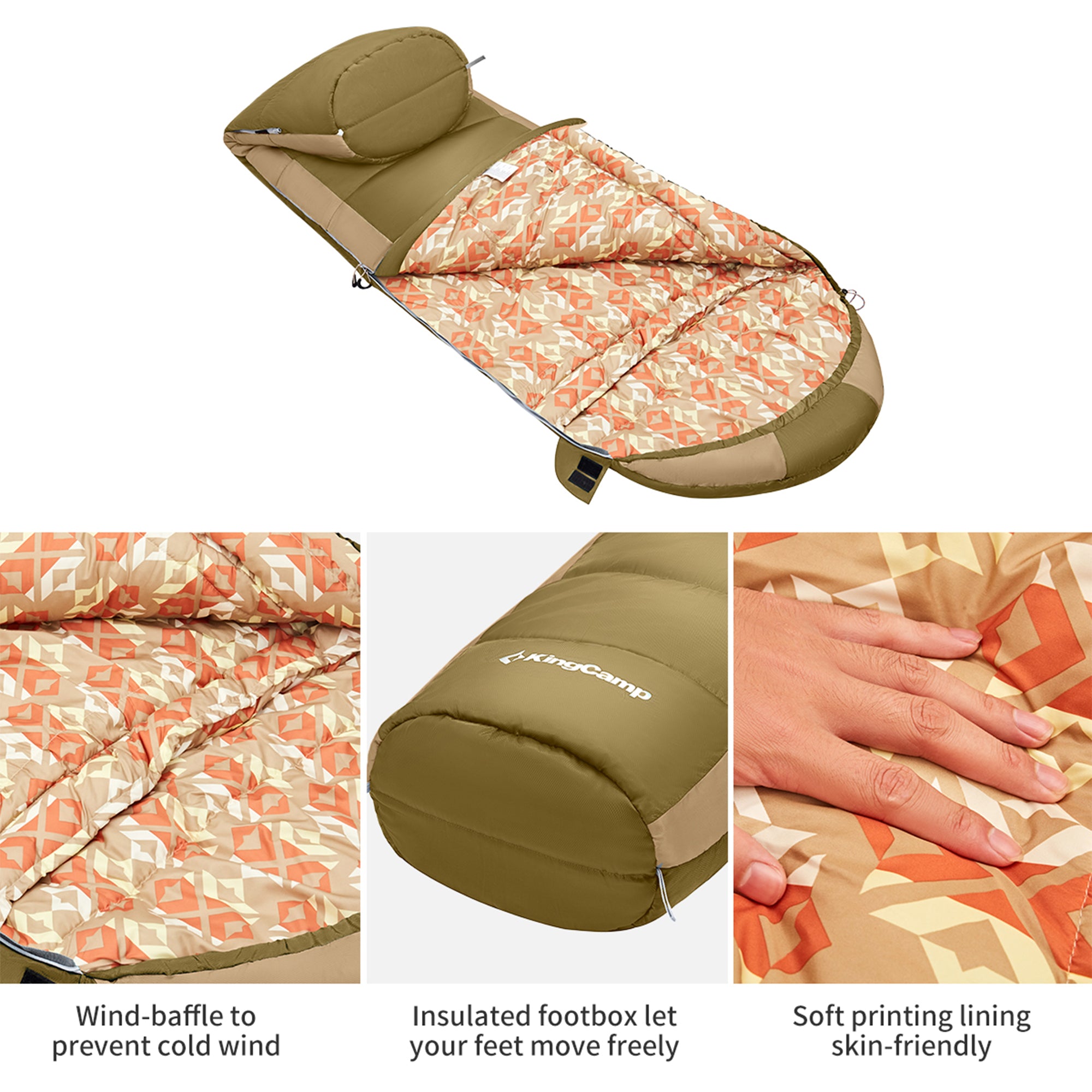 KingCamp Ultralight Warm 3 Season Sleeping Bag w/Compact Compression Sack, Olive - VMInnovations